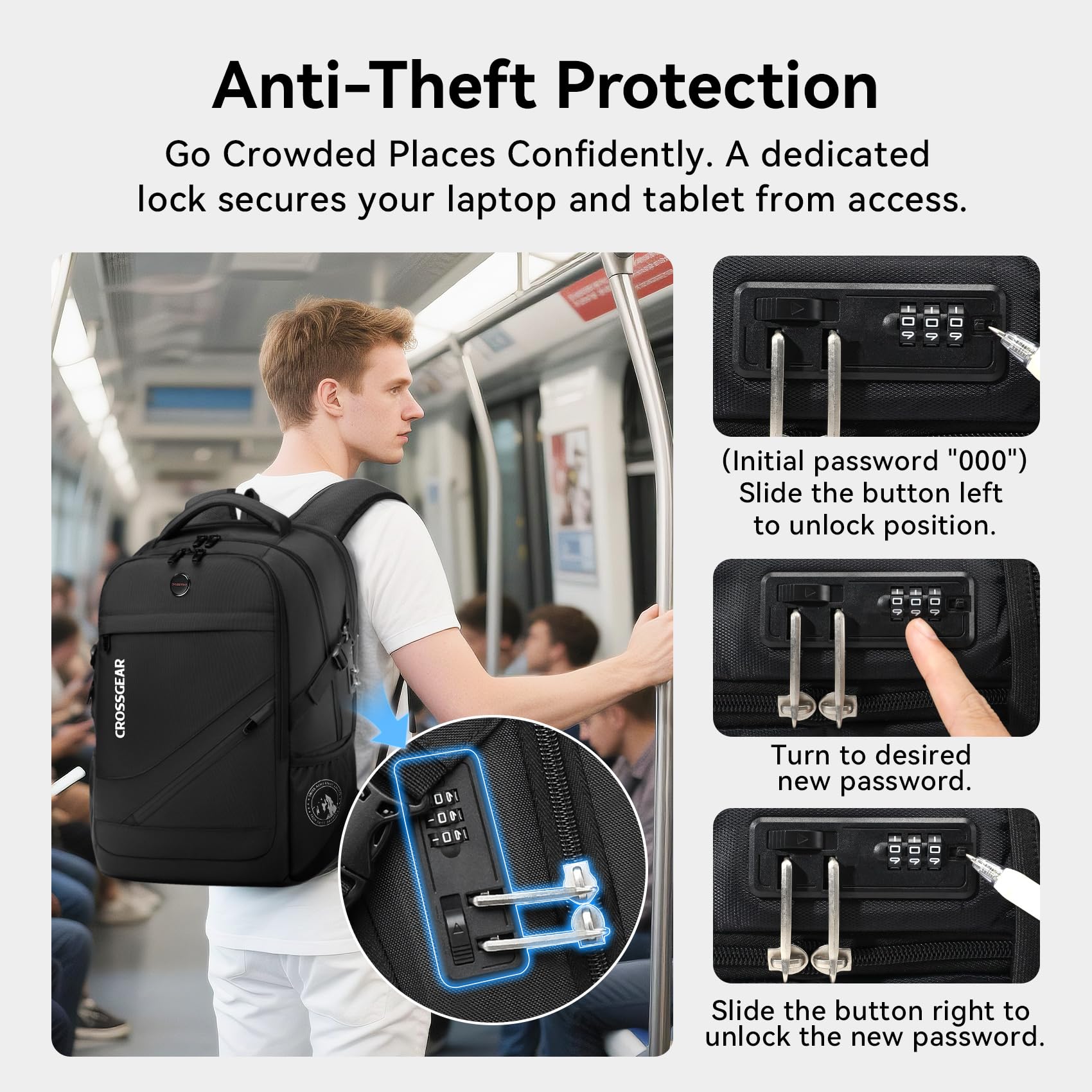 CROSSGEAR Large Travel Laptop Backpack – TSA Lock Anti-Theft Business Backpack with USB Port, Fits up to 17.3” Laptops (Black)
