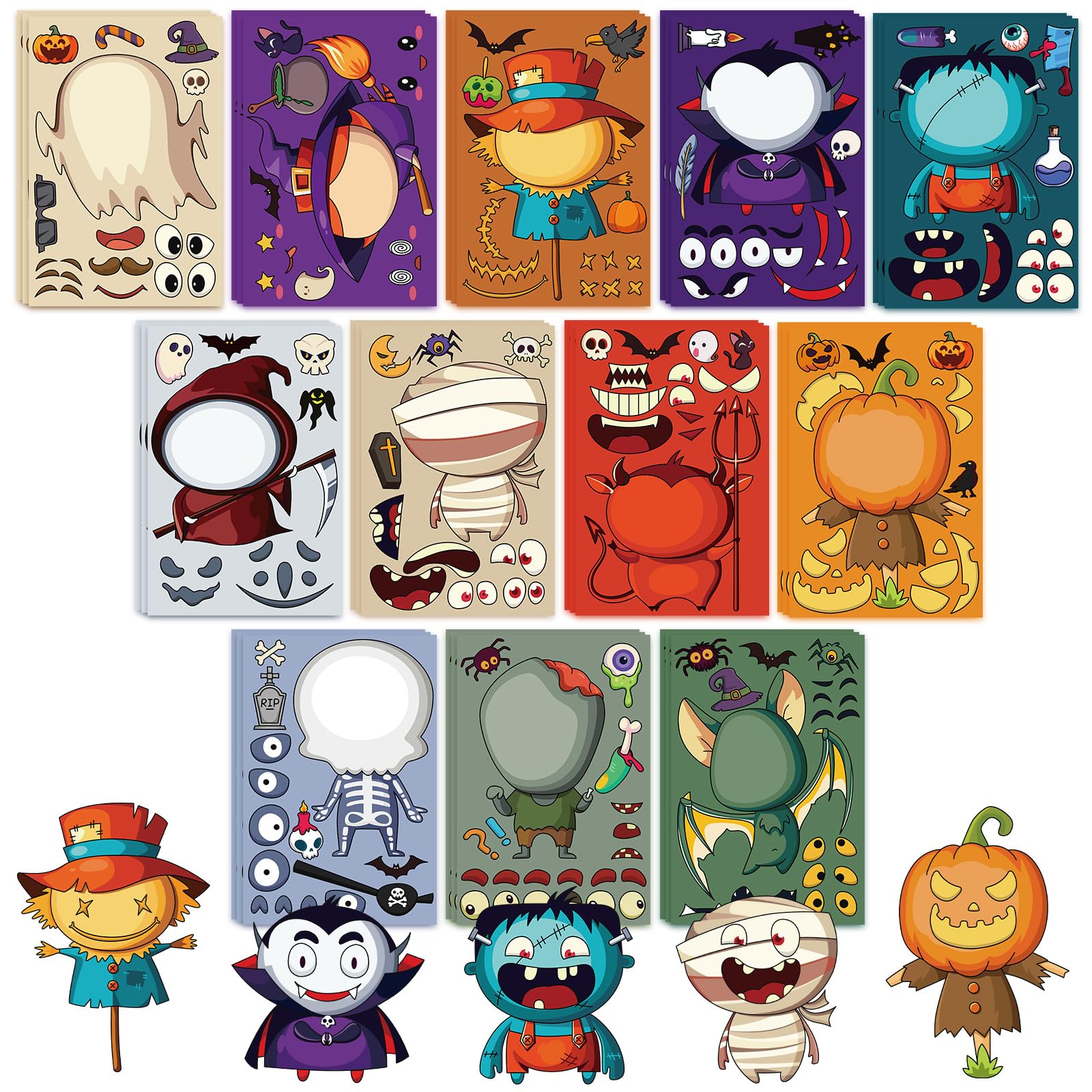 Halloween Face Sticker Set – 36 Sheets Mix & Match Googly Eyes, Witch, Ghost & Pumpkin Designs (Multi-Color)