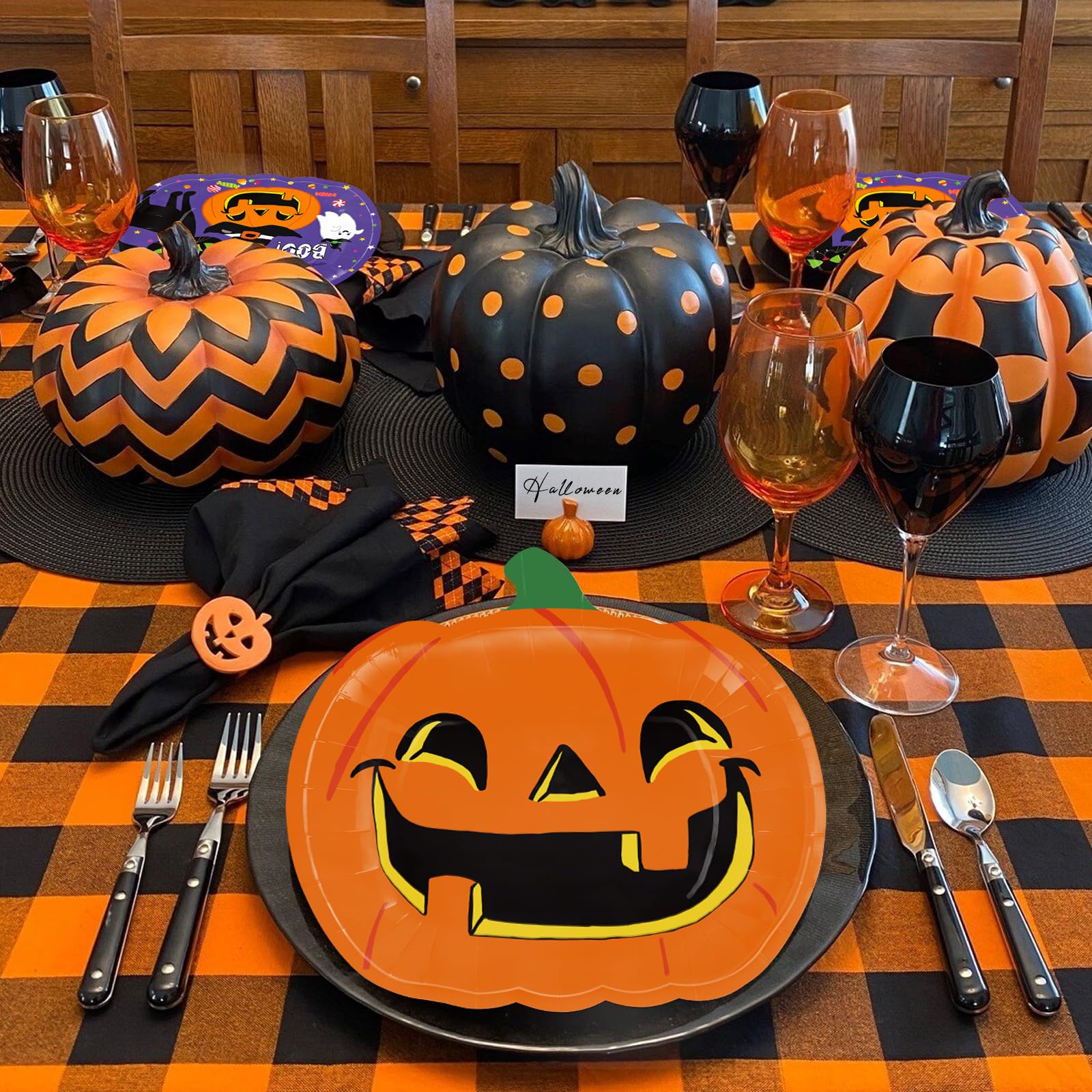 Halloween Party Tableware Set – 72 Pcs Pumpkin Plates, Cups & Napkins with Ghost & Cat Designs, Disposable Party Supplies