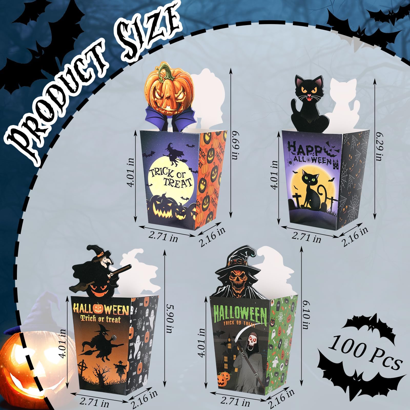 Halloween Popcorn Treat Boxes – 100-Pack Gray Snack Containers (4 Designs: Skeleton, Pumpkin, Cat & Witch)