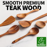 Premium Teak Wood Kitchen Utensil Set – 6 Piece Wooden Cooking Tools (Scratch-Free & Durable)