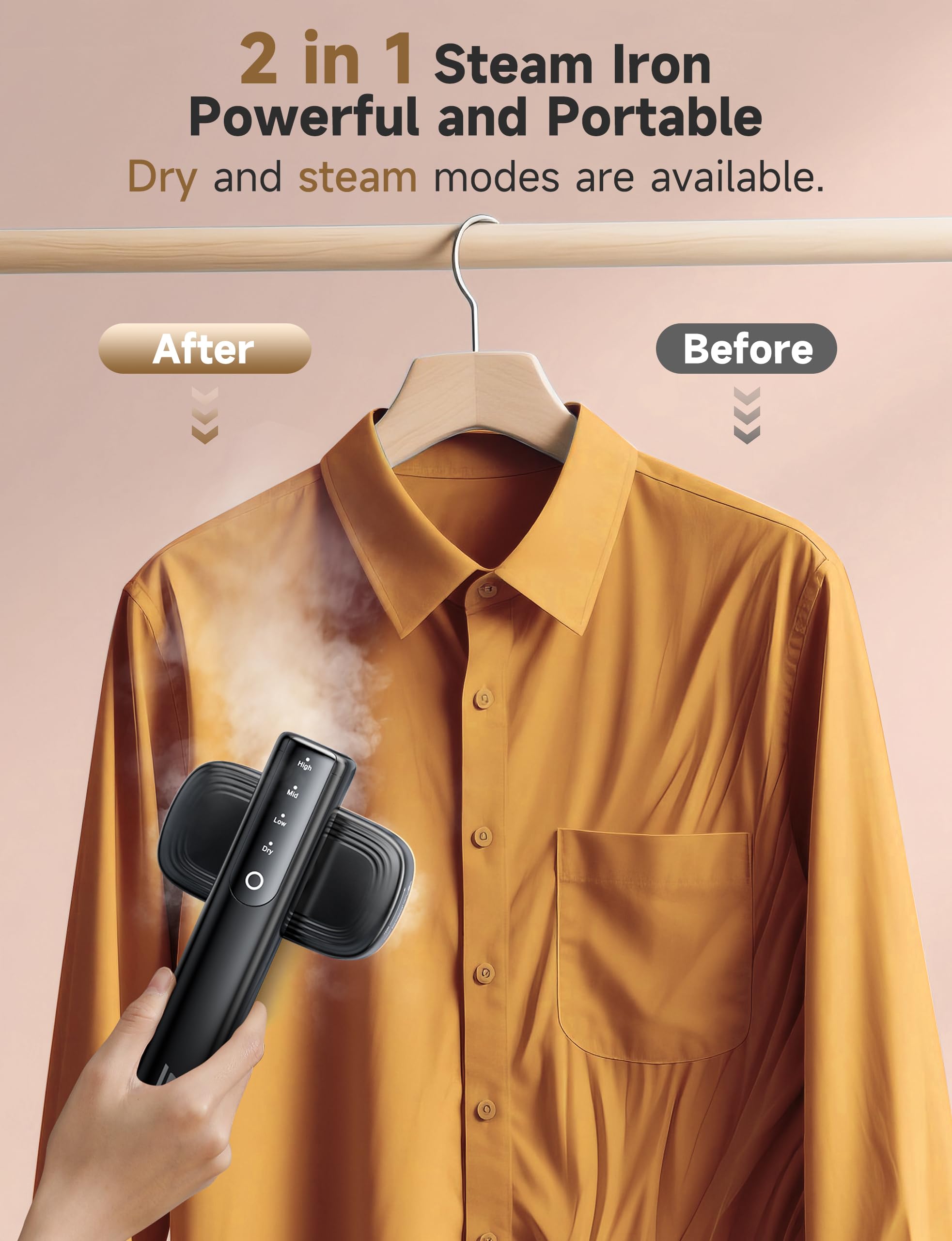 Compact 2-in-1 Travel Garment Steamer Iron with LED Display, Fast Heat Portable Wrinkle Remover for Clothes