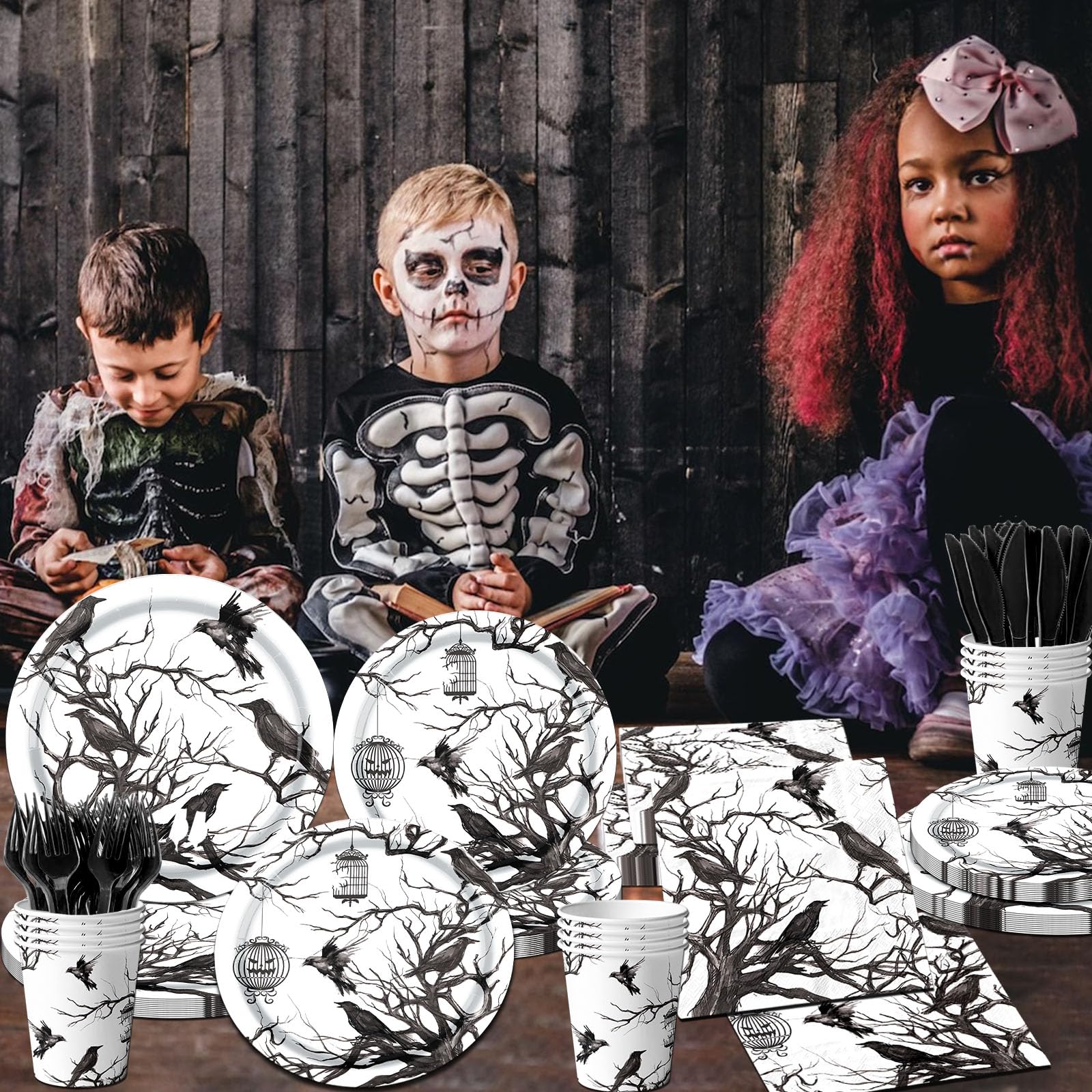 Halloween Crows Party Supplies – 144 Pcs Black & White Plates, Cups, Napkins & Cutlery Set for 24 Guests
