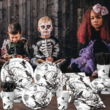 Halloween Crows Party Supplies – 144 Pcs Black & White Plates, Cups, Napkins & Cutlery Set for 24 Guests