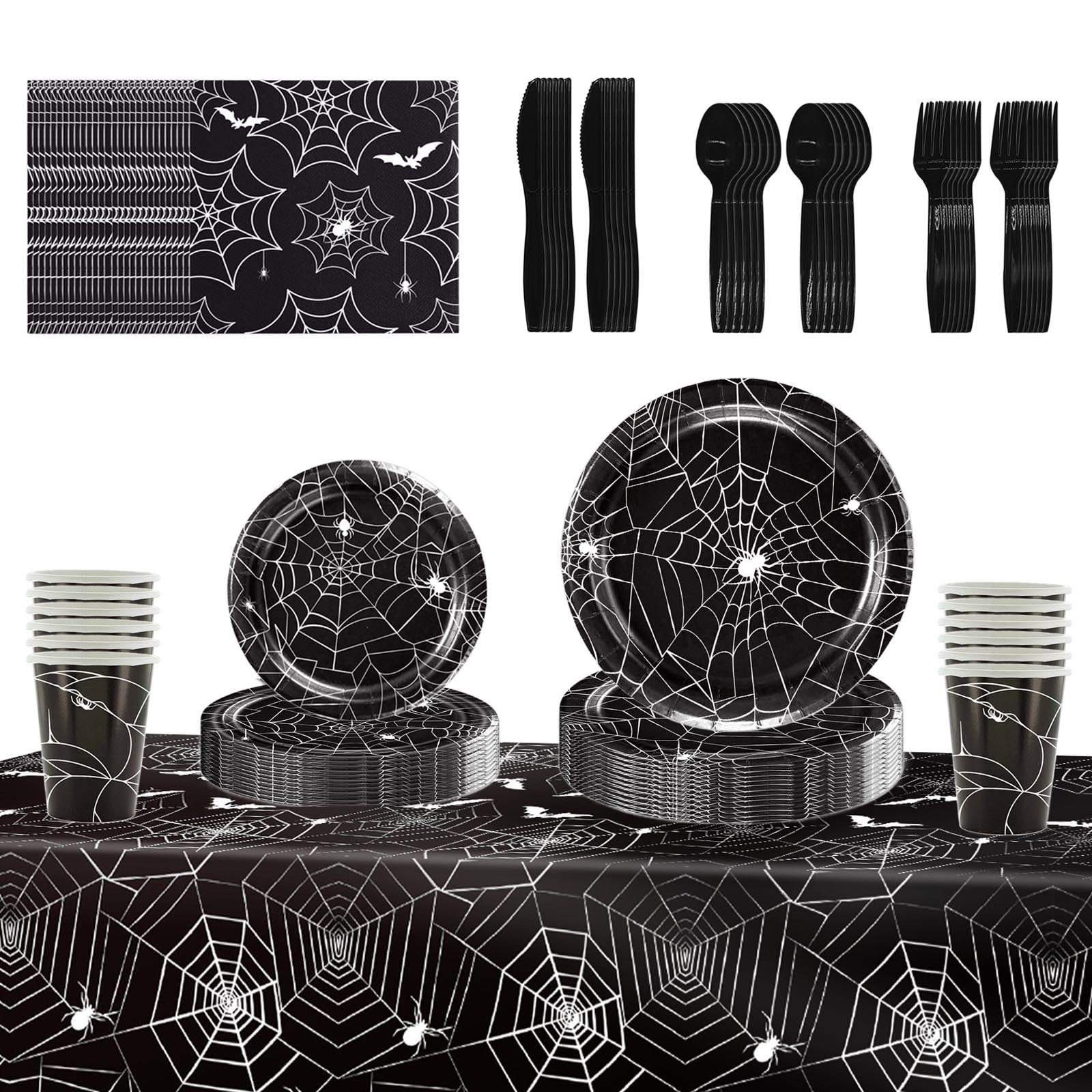 Halloween Party Supplies Set – 89 Pcs Black Spider Web Plates, Cups, Napkins & Tablecloth for Spooky Celebrations