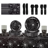 Halloween Party Supplies Set – 89 Pcs Black Spider Web Plates, Cups, Napkins & Tablecloth for Spooky Celebrations