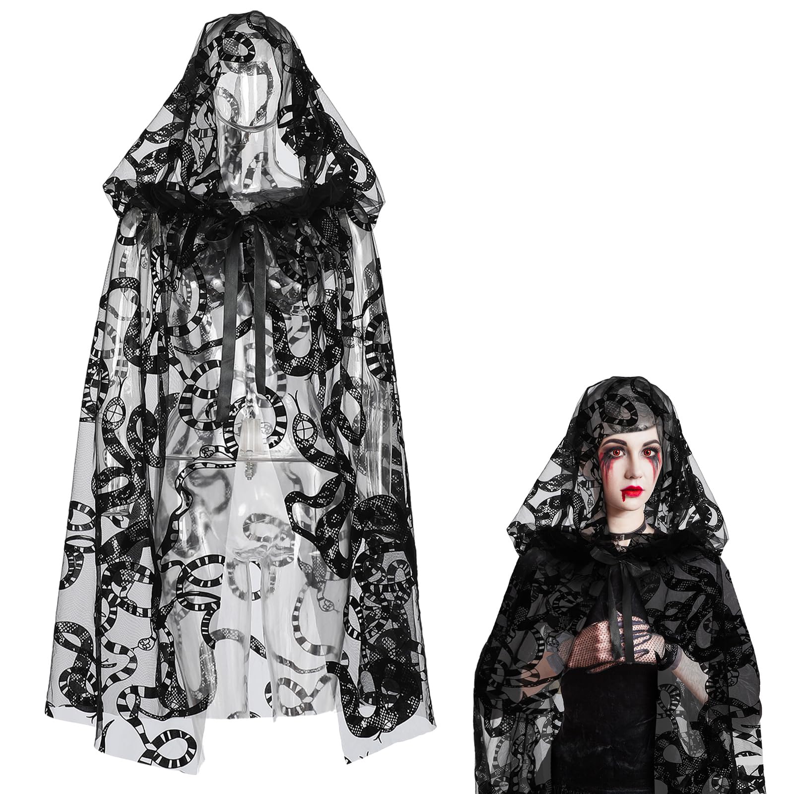 Black Snake Pattern Hooded Cloak – Gothic Lace Cape for Halloween & Cosplay