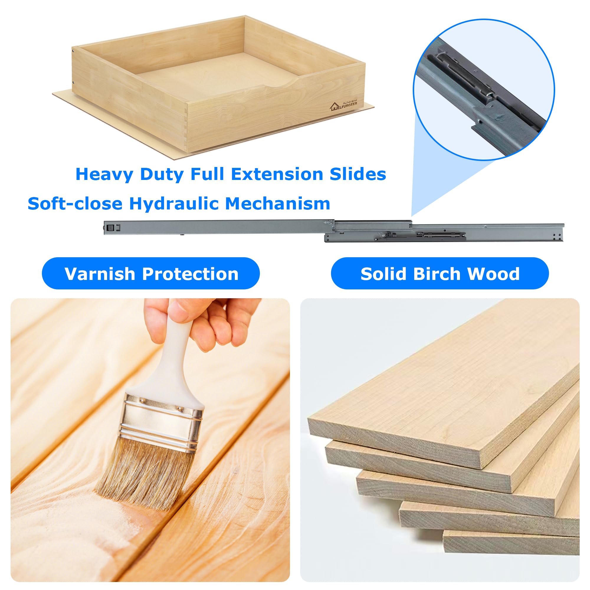 Premium Birchwood Pull-Out Cabinet Drawer with Soft-Close Slides – Heavy-Duty Slide-Out Shelf for Kitchen Cabinets (14” W x 21” D)