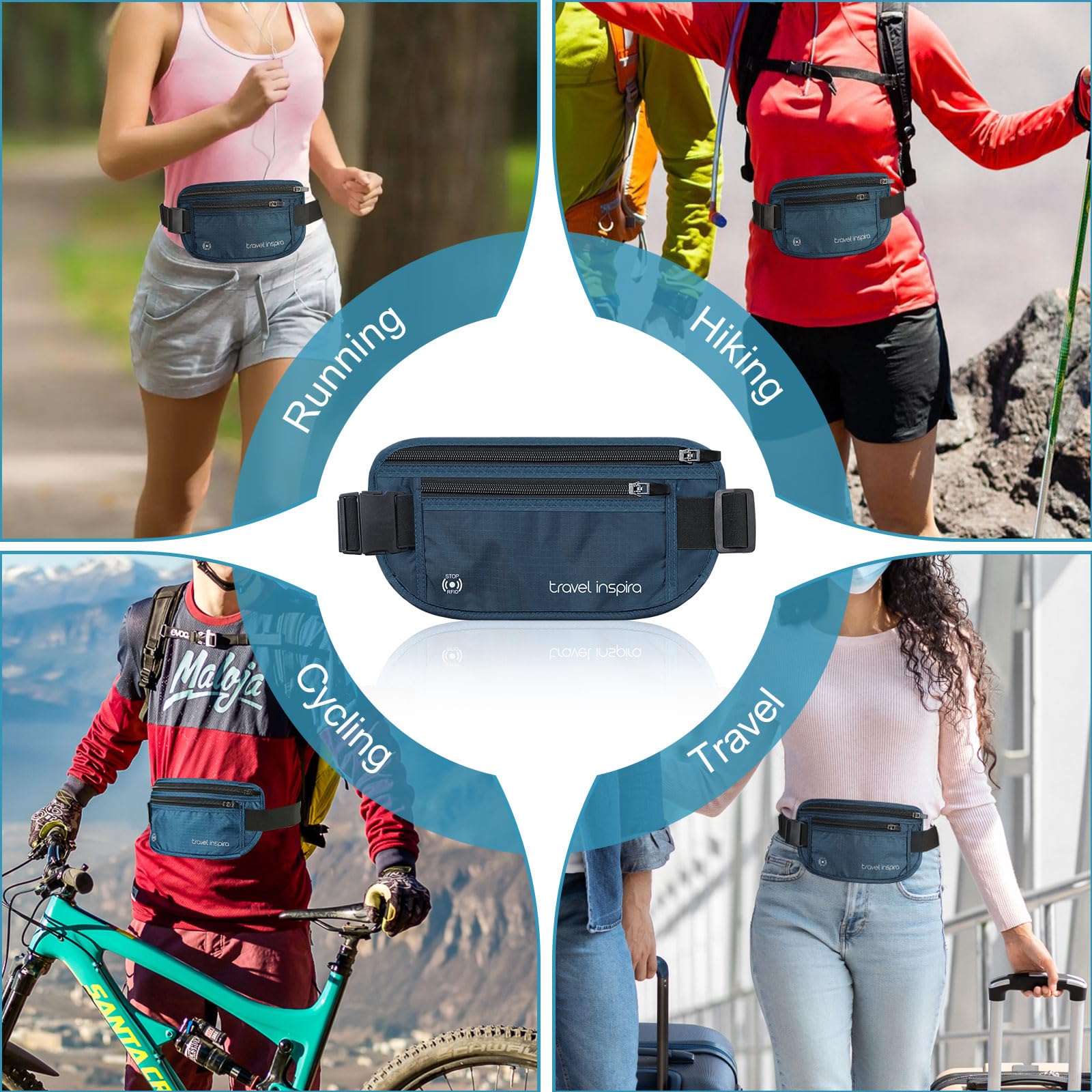Travel Inspira RFID Anti-Theft Money Belt – Ultra-Slim Hidden Passport & Cash Wallet (Navy Blue)
