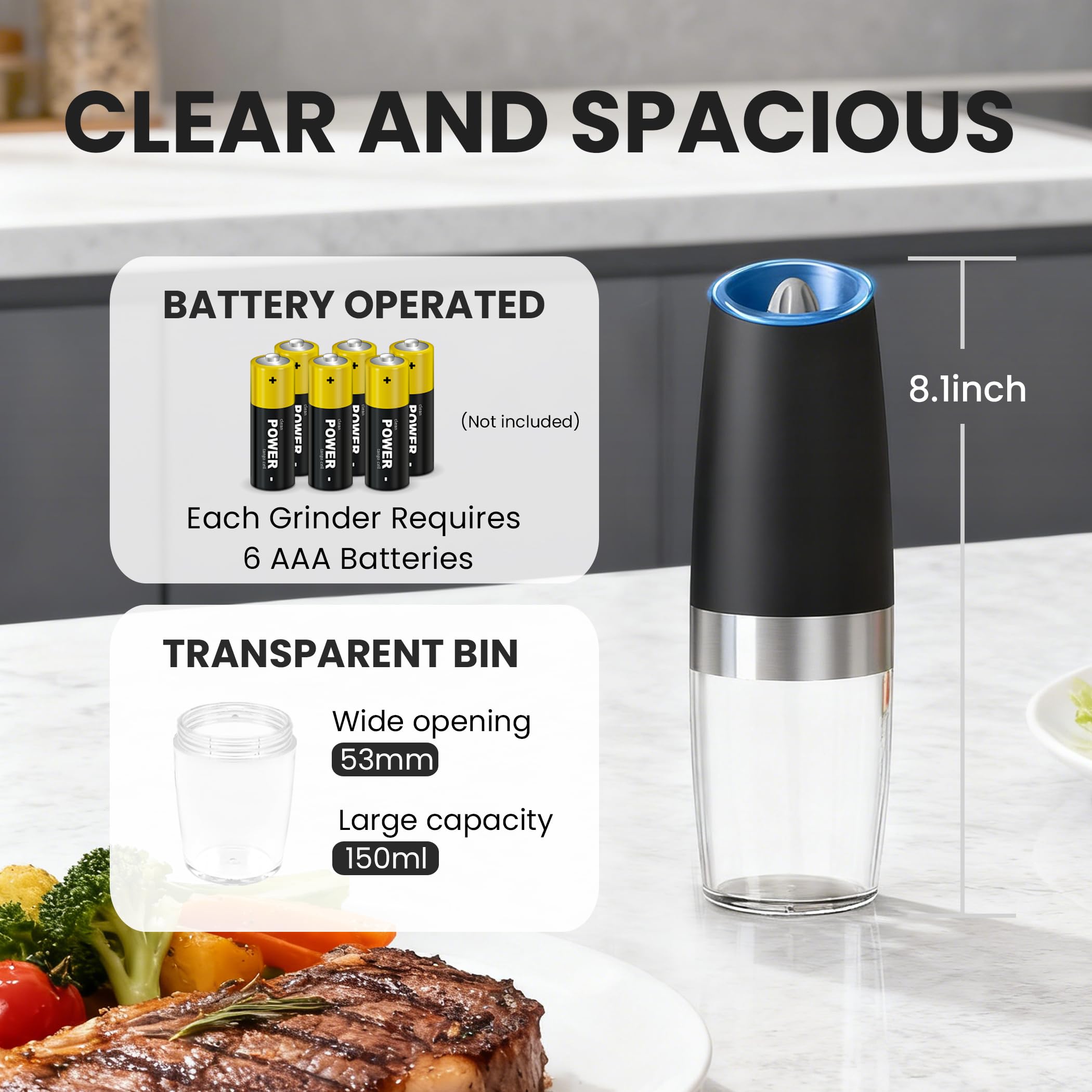 UNNEES Electric Salt & Pepper Grinder Set – Gravity Sensor, Adjustable Coarseness & LED Light