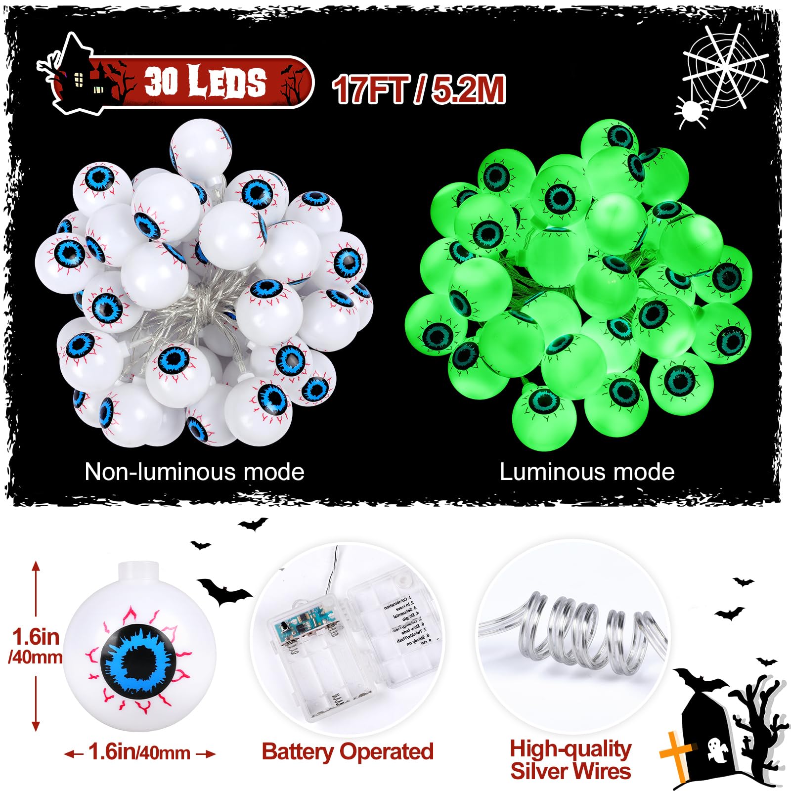 17Ft Green Halloween Eyeball String Lights – 30 LED 3D Bloodshot Eyes with Remote, 8 Modes & Timer for Spooky Décor