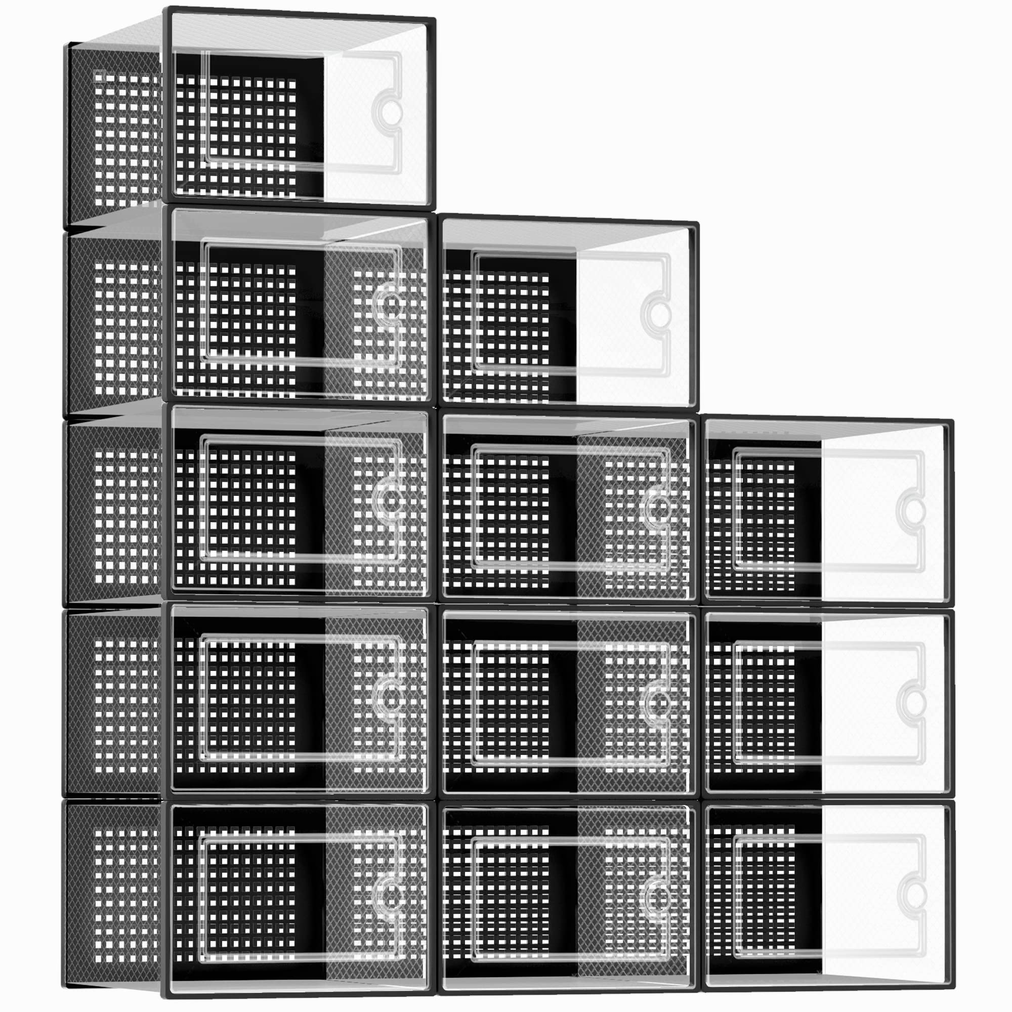 Kuject X-Large Clear Shoe Storage Boxes – Stackable Plastic Sneaker Organizers for Closet & Entryway (Black, 12-Pack)