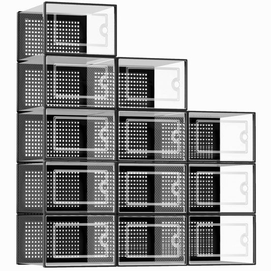 Kuject X-Large Clear Shoe Storage Boxes – Stackable Plastic Sneaker Organizers for Closet & Entryway (Black, 12-Pack)