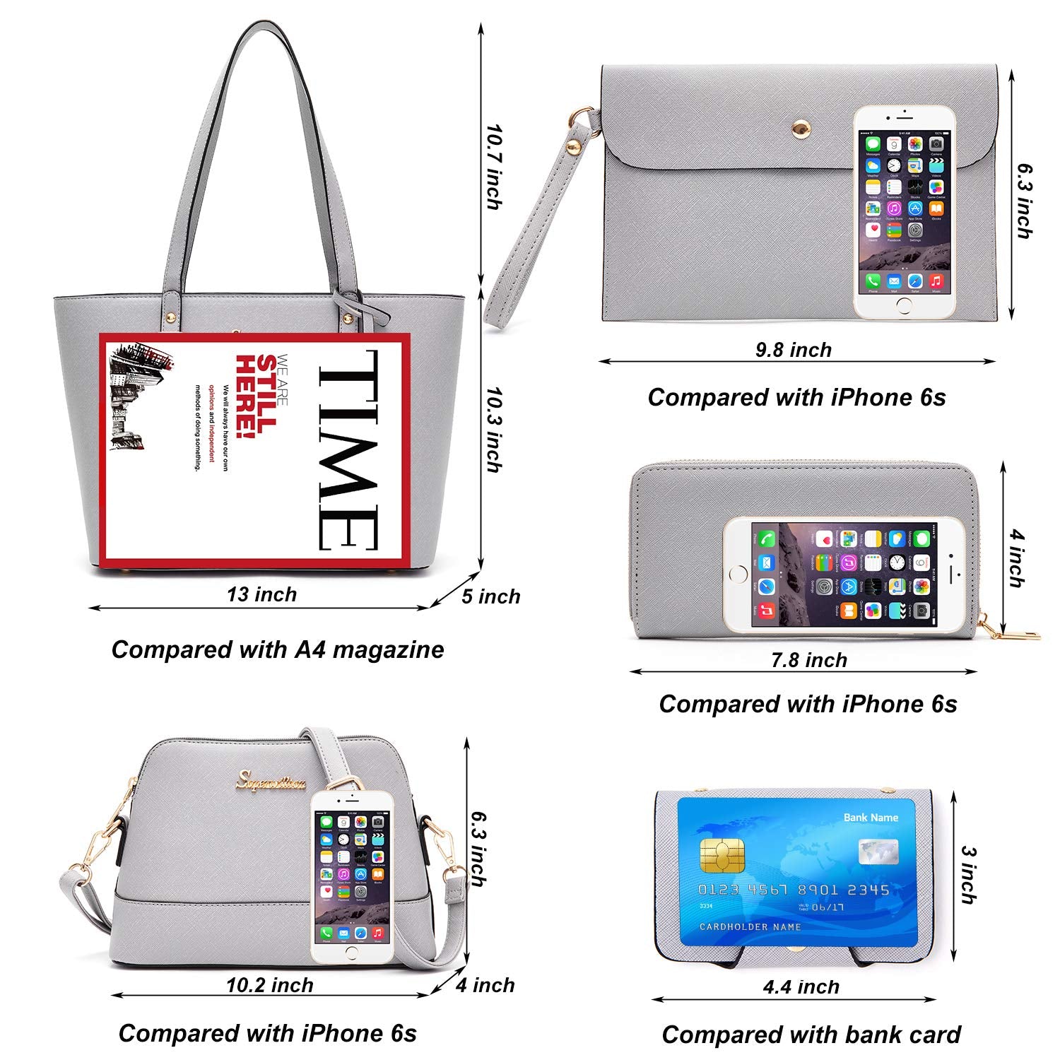 Soperwillton 5-Piece Handbag Set for Women – Tote, Shoulder Bag, Wallet & Clutch Purse Set (Grey)