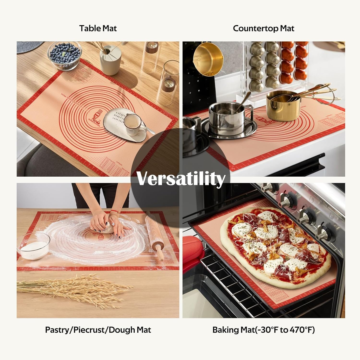 Extra Thick Silicone Pastry Baking Mat with Non-Slip Base for Dough & Baking