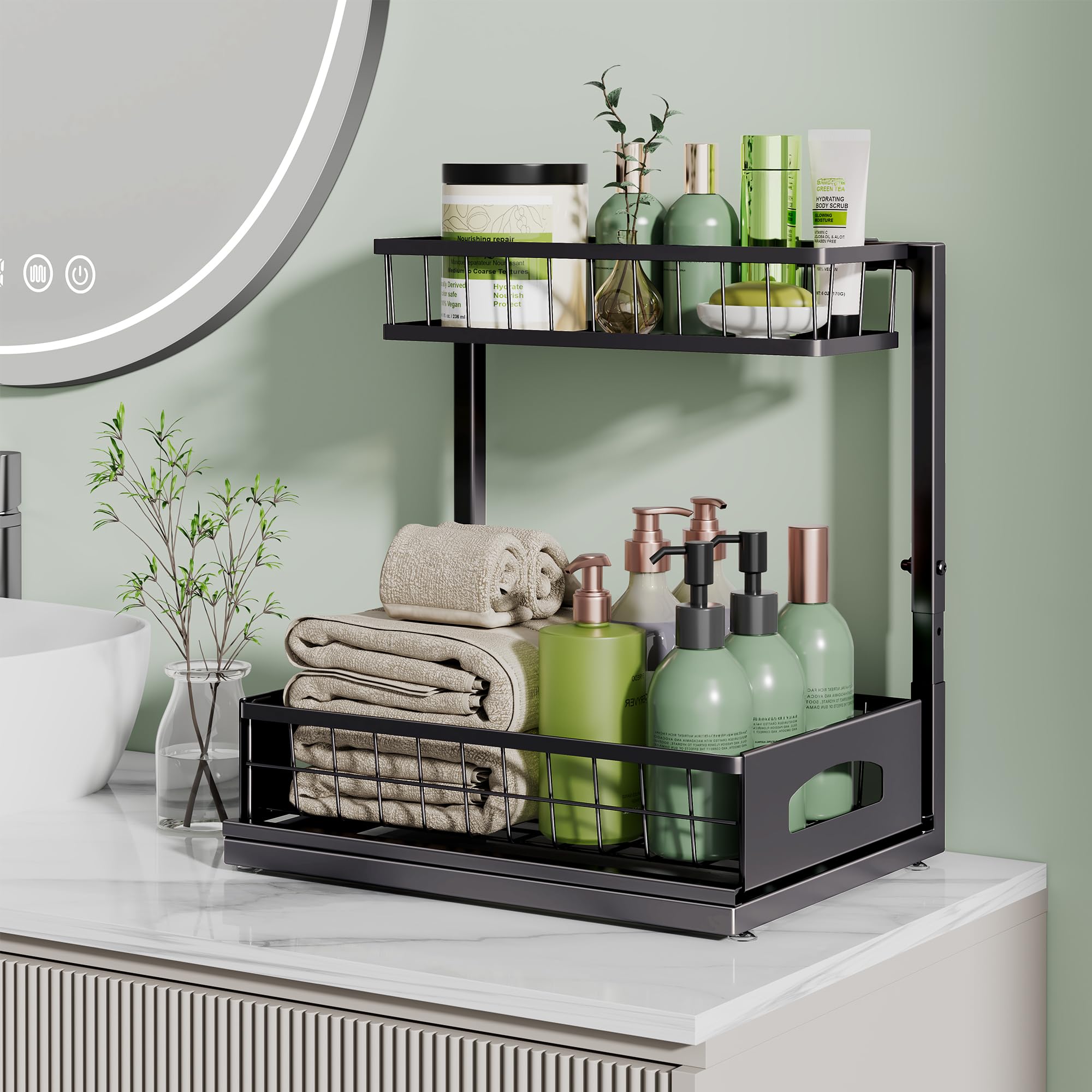 Height-Adjustable 2-Tier Under Sink Organizer (2-Pack) – Slide-Out Cabinet Storage with Secure Basket Design, Black