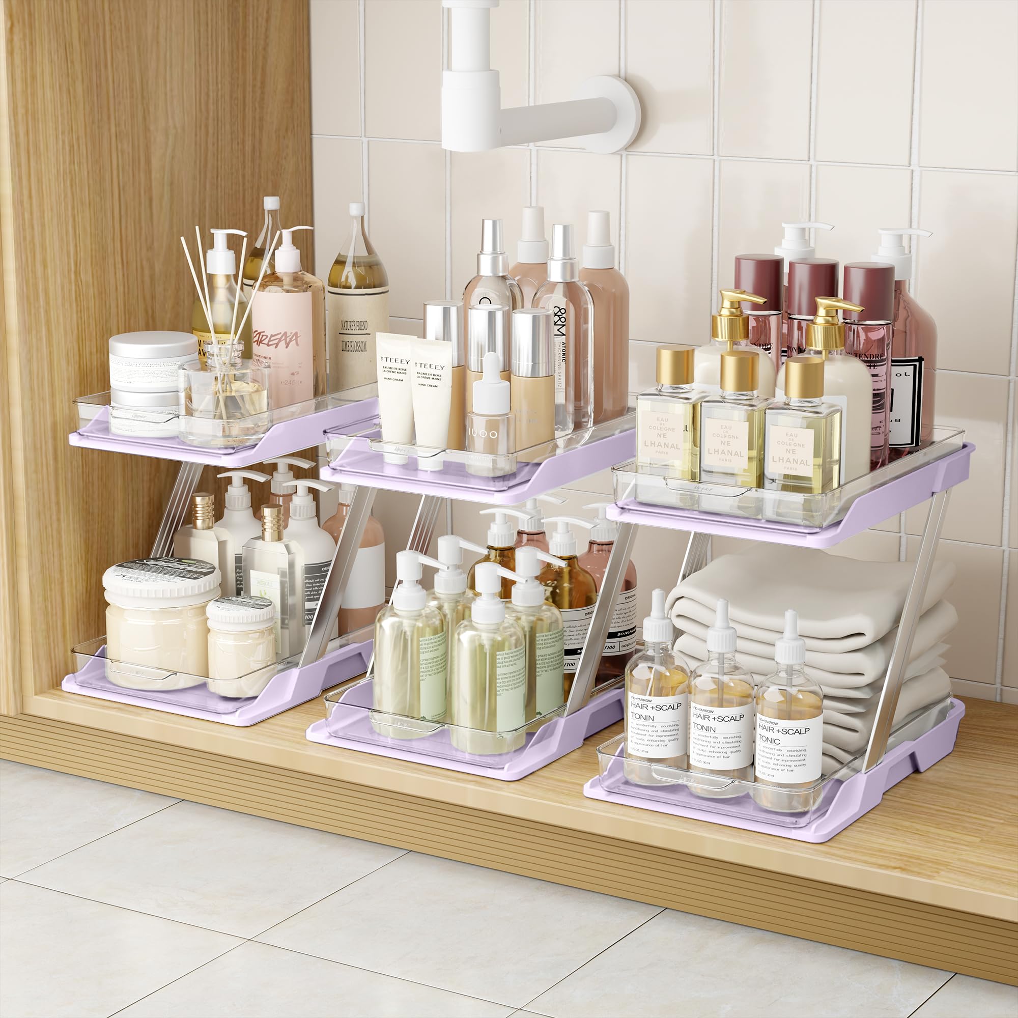 AUGBEAN Pink 2-Tier Clear Pull-Out Organizer Set – Z-Shaped Multi-Purpose Storage for Bathroom, Vanity & Countertop (3 Pack)