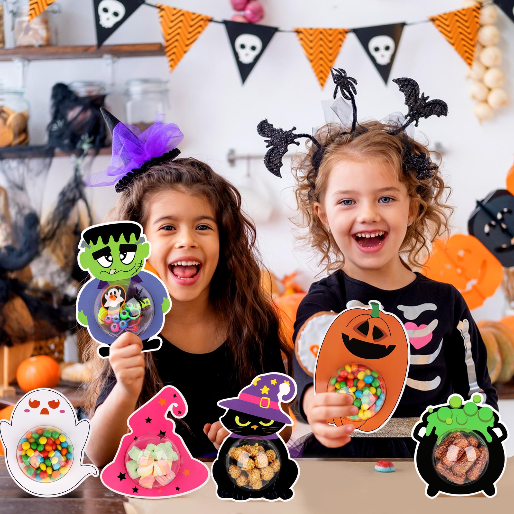 DIY Halloween Candy Holder Greeting Card Kit – 36 Pack Trick-or-Treat Gift Cards with Clear Dome Holders