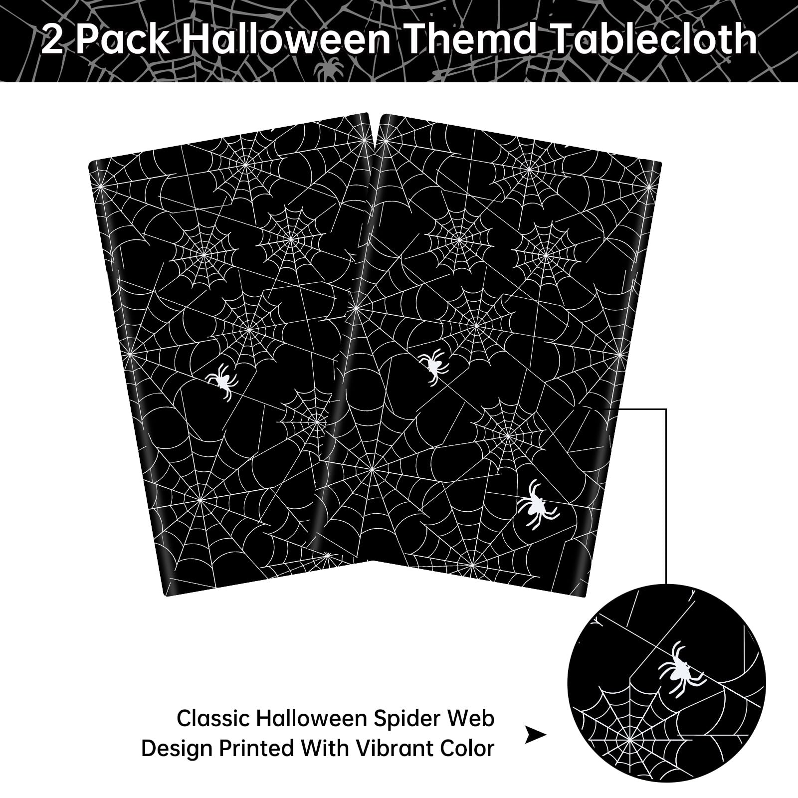 Halloween Tablecloths – 2 Pack Black Spider Web Plastic Table Covers (108 x 54 Inches)
