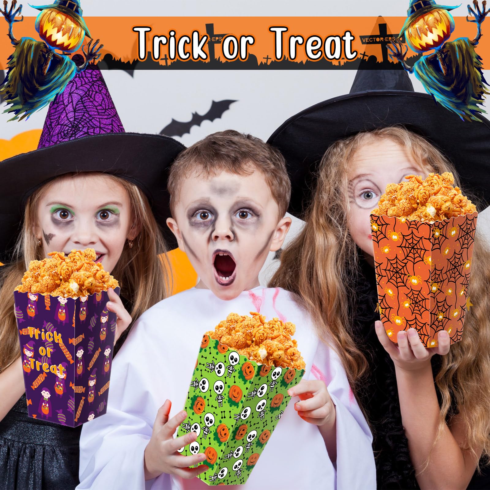Roshtia 24 Pcs Halloween Theme Party Popcorn Favor Boxes in 6 Designs Snack Treat Box Candy Cookie Container Event Party Favor Supplies, Halloween Snacks(Figure)