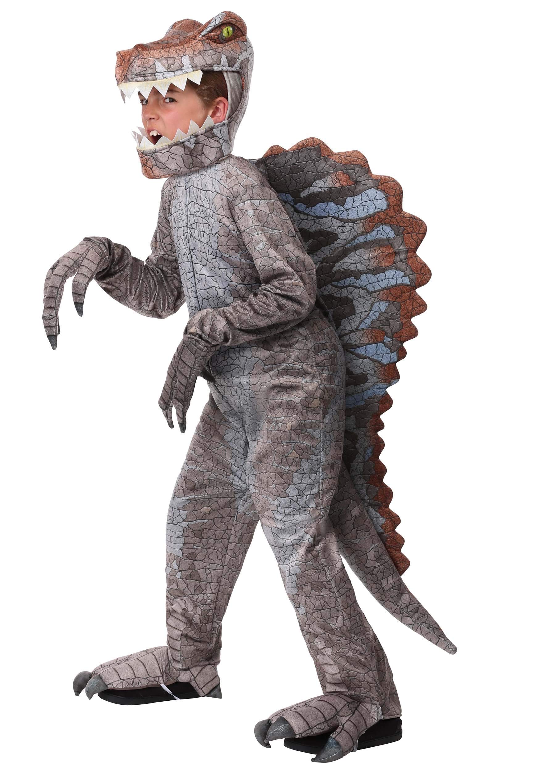 Kids Spinosaurus Dinosaur Costume – Realistic Gray Jumpsuit with Tail, Headpiece, Mitts & Shoe Covers