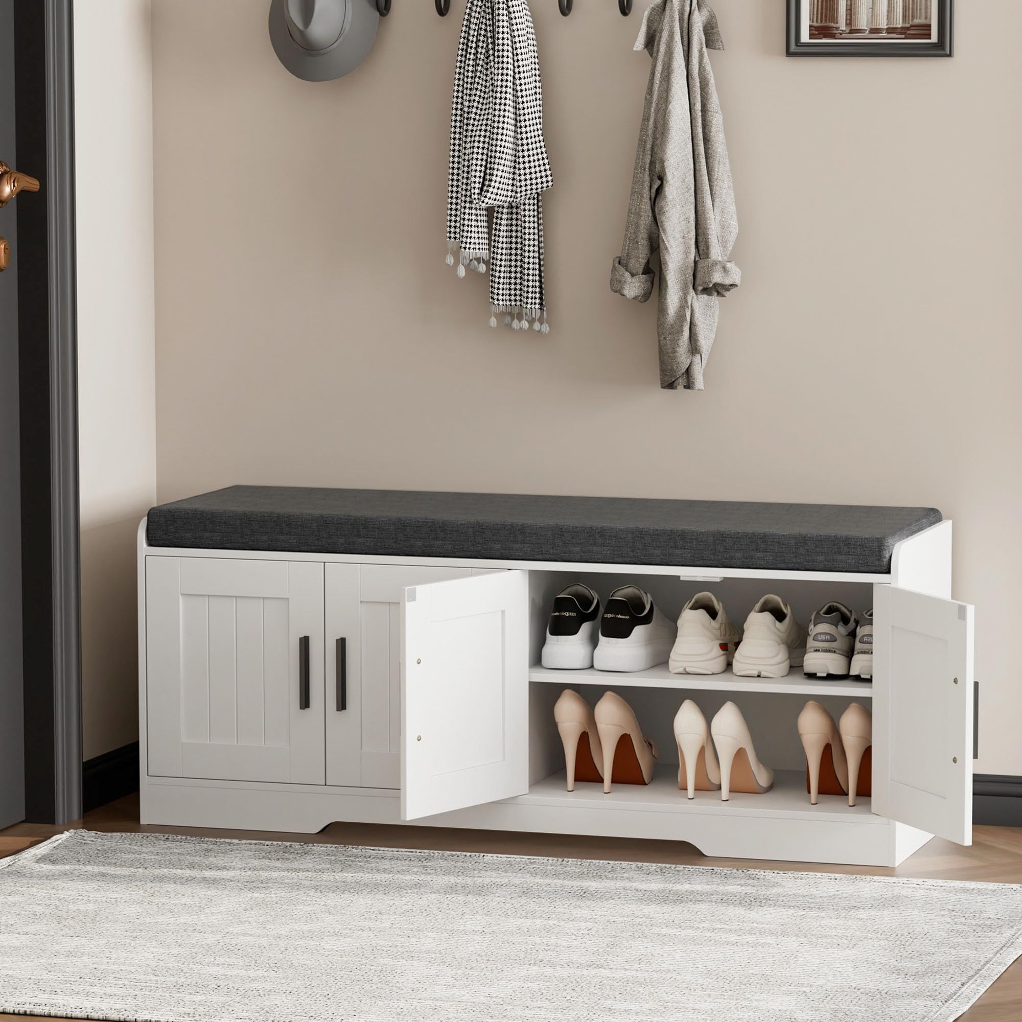 HOMLEKE 2-Tier Shoe Storage Bench with Padded Seat – Modern Entryway Bench with Adjustable Shelves & Doors (White)