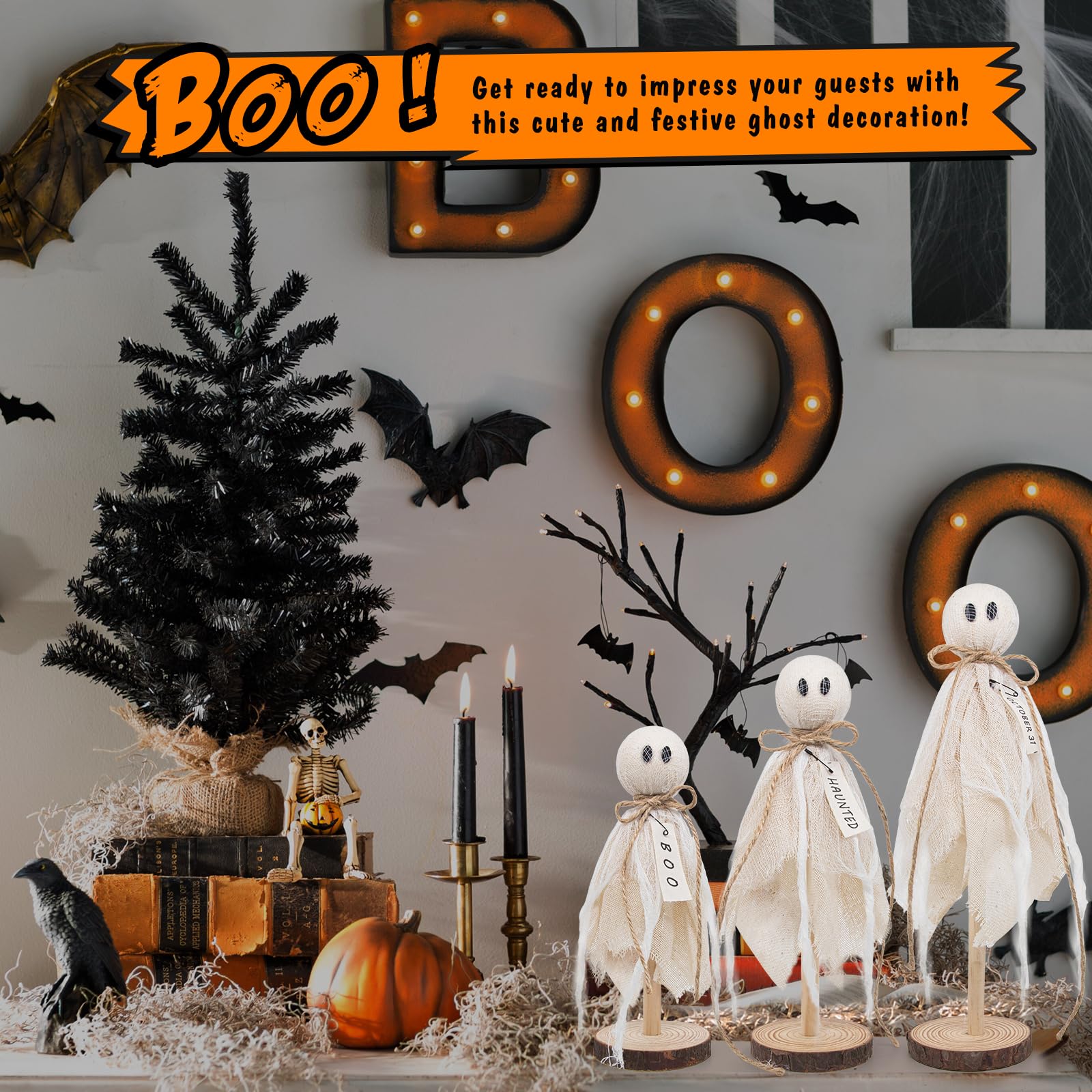 Rustic Wooden Ghost Trio – Farmhouse Halloween Decorations with BOO & Haunted Labels, 3 Sizes