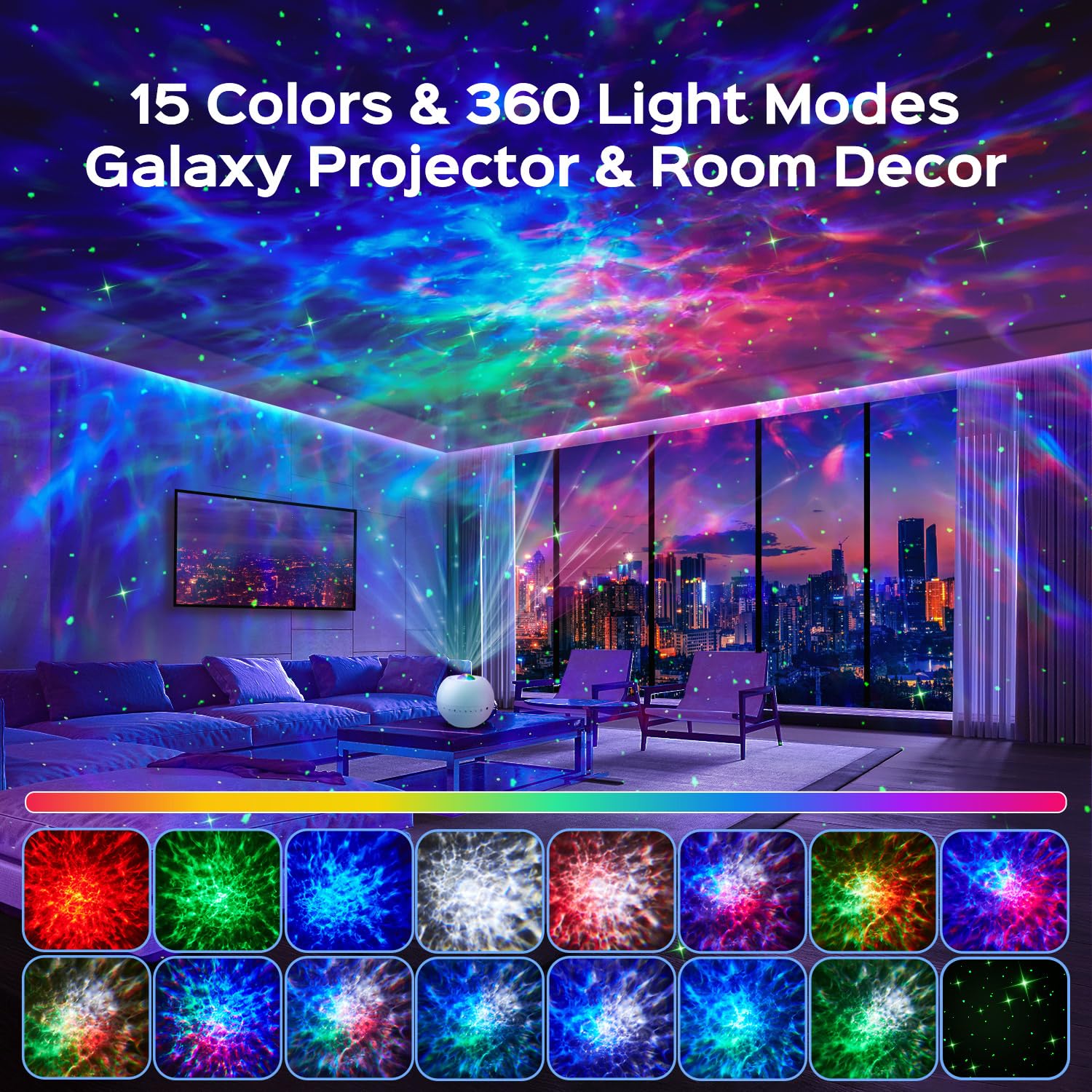 4-in-1 Galaxy Star Projector with Bluetooth Speaker – 15 Colors Aurora Night Light & White Noise Machine