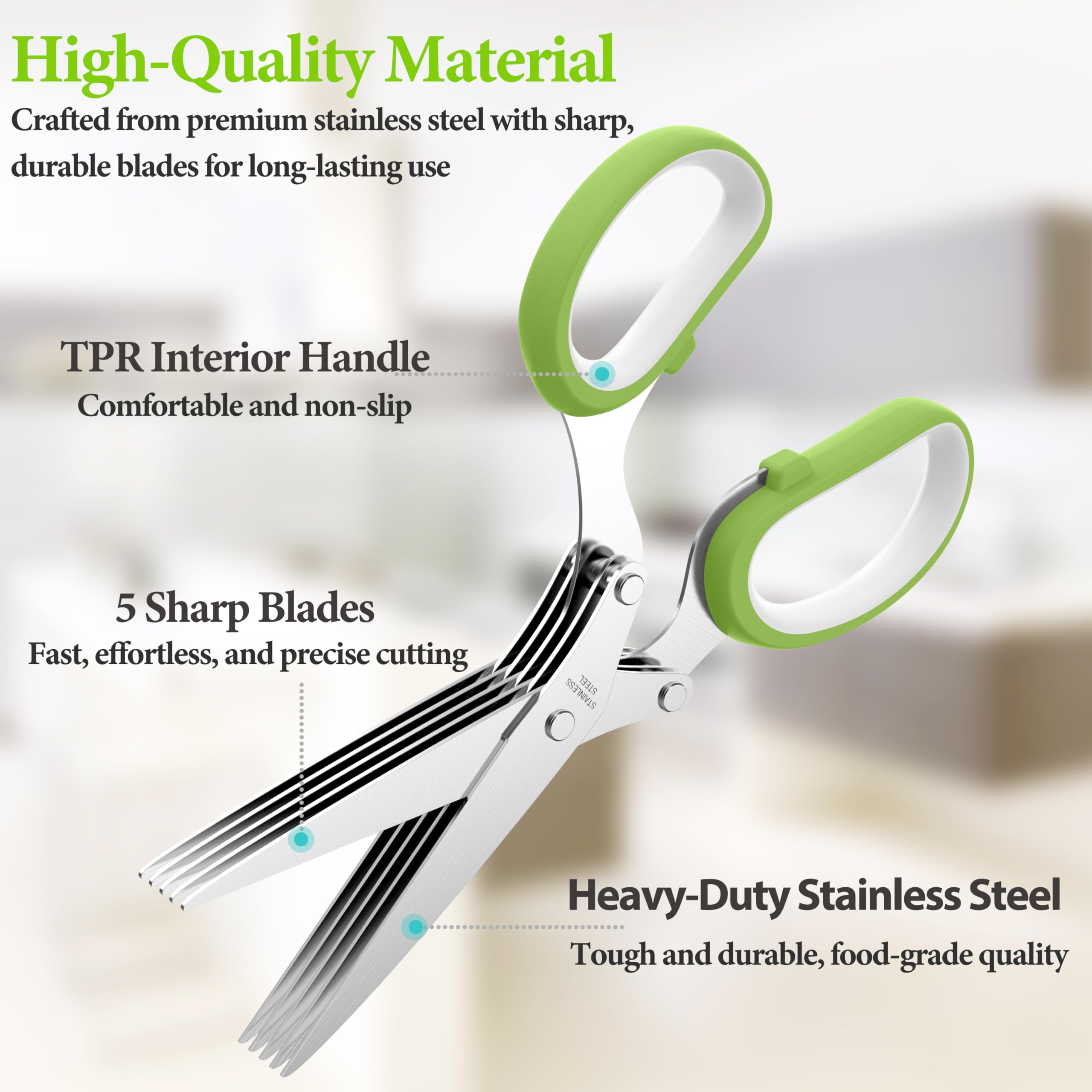 5-Blade Herb Scissors with Cleaning Comb & Cover – Stainless Steel Kitchen Shears