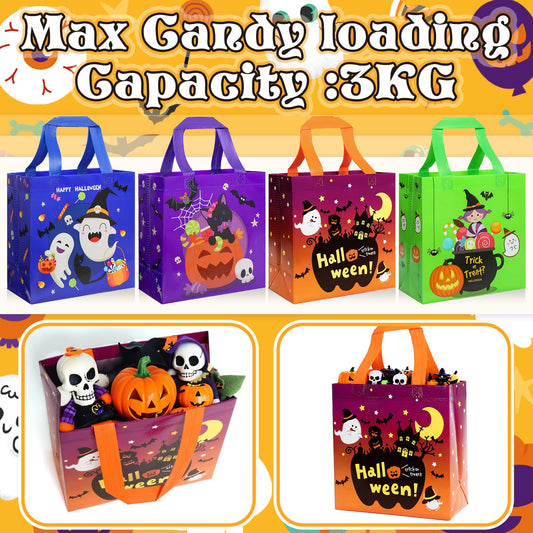 4-Pack Colorful Halloween Treat Bags with Handles – Reusable Non-Woven Gift Totes with Cute Pumpkin, Witch & Ghost Designs