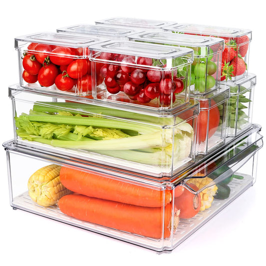 Clear Refrigerator Organizer Bins – 10 Pack Stackable Pantry & Fridge Storage Containers with Drain Tray