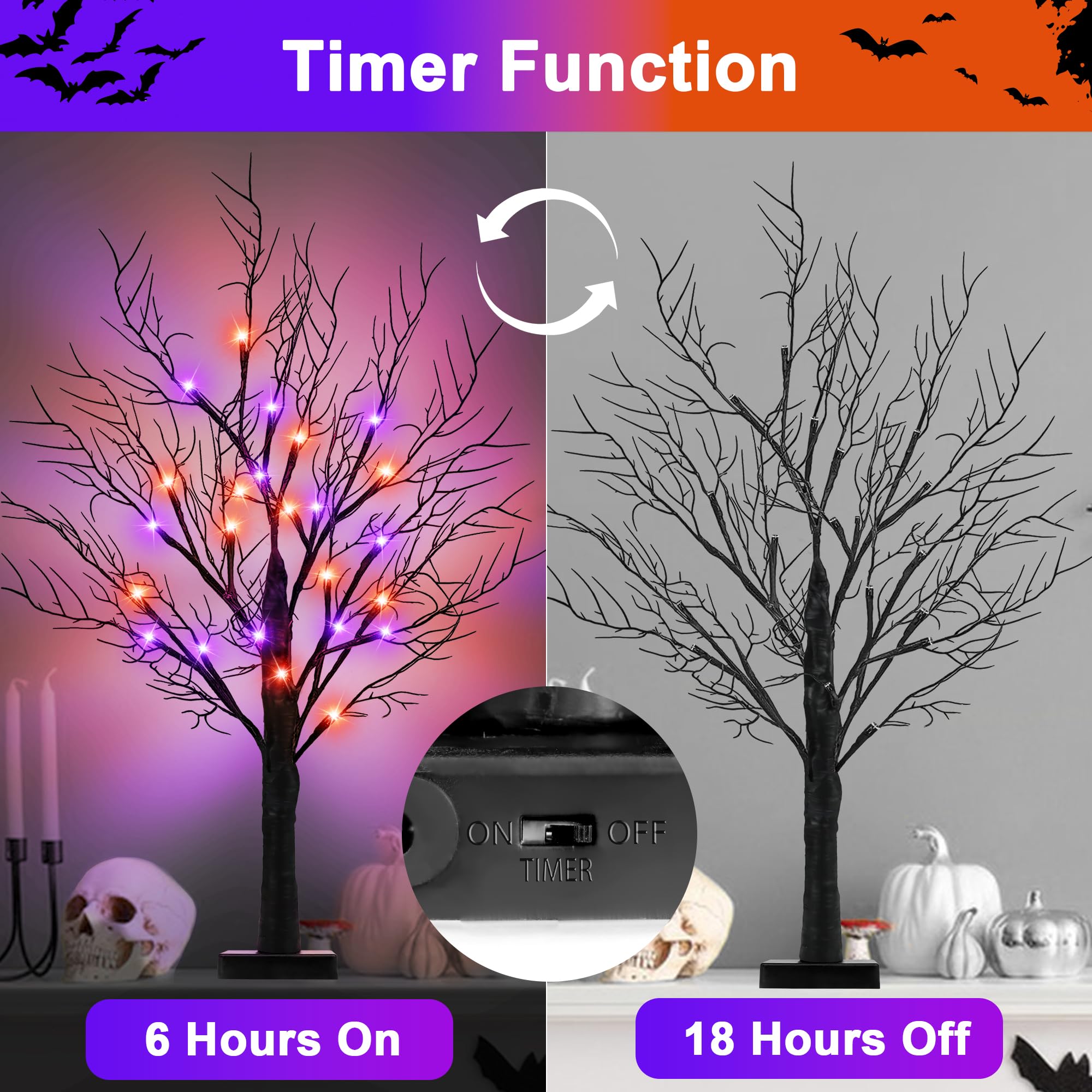 Set of 2 Black Halloween Trees – 24” Light-Up Tabletop Decor with 24 Orange & Purple LED Lights