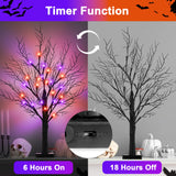 Set of 2 Black Halloween Trees – 24” Light-Up Tabletop Decor with 24 Orange & Purple LED Lights