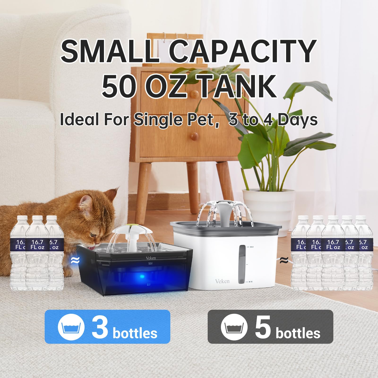 Veken 50oz Stainless Steel Cat Water Fountain – Award-Winning Quiet Hydration System for Small Pets