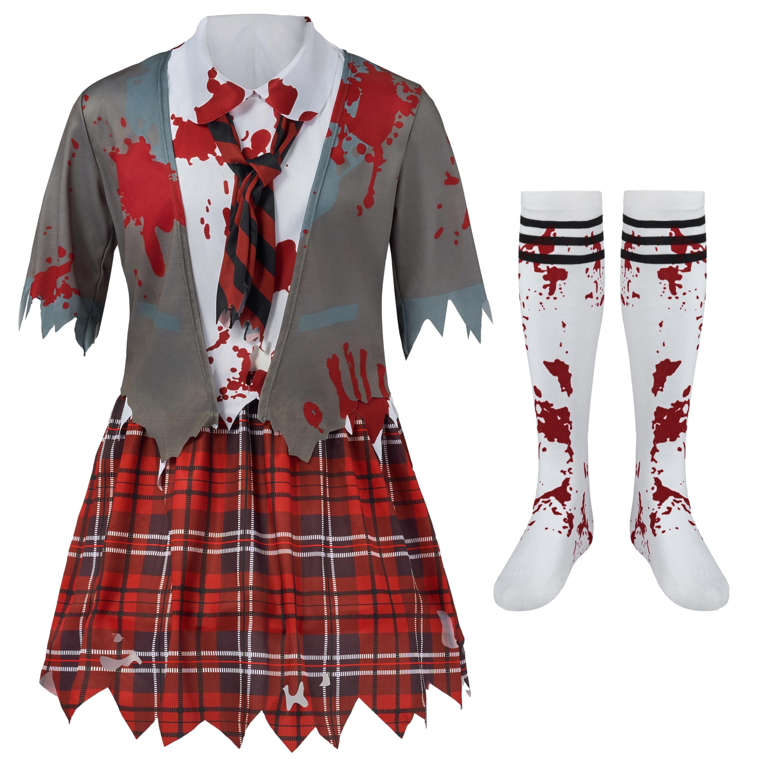 Bloody Zombie Schoolgirl Costume – Gray Jacket, Tie & Skirt with Socks for Halloween 🧟‍♀️