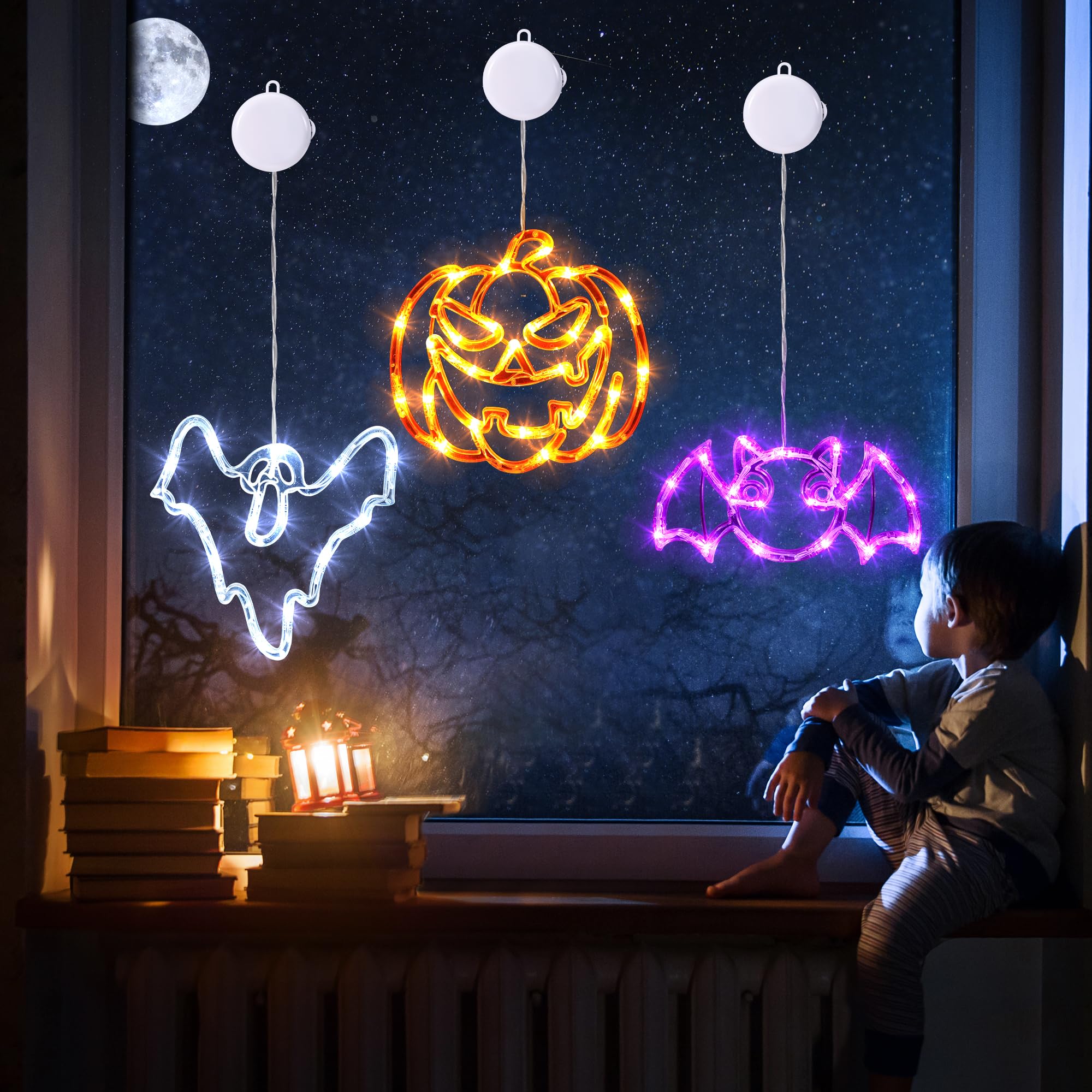 Halloween Window Lights Set – Battery-Operated LED Bat, Pumpkin & Ghost Designs with Timer & 2 Lighting Modes (Indoor/Outdoor)