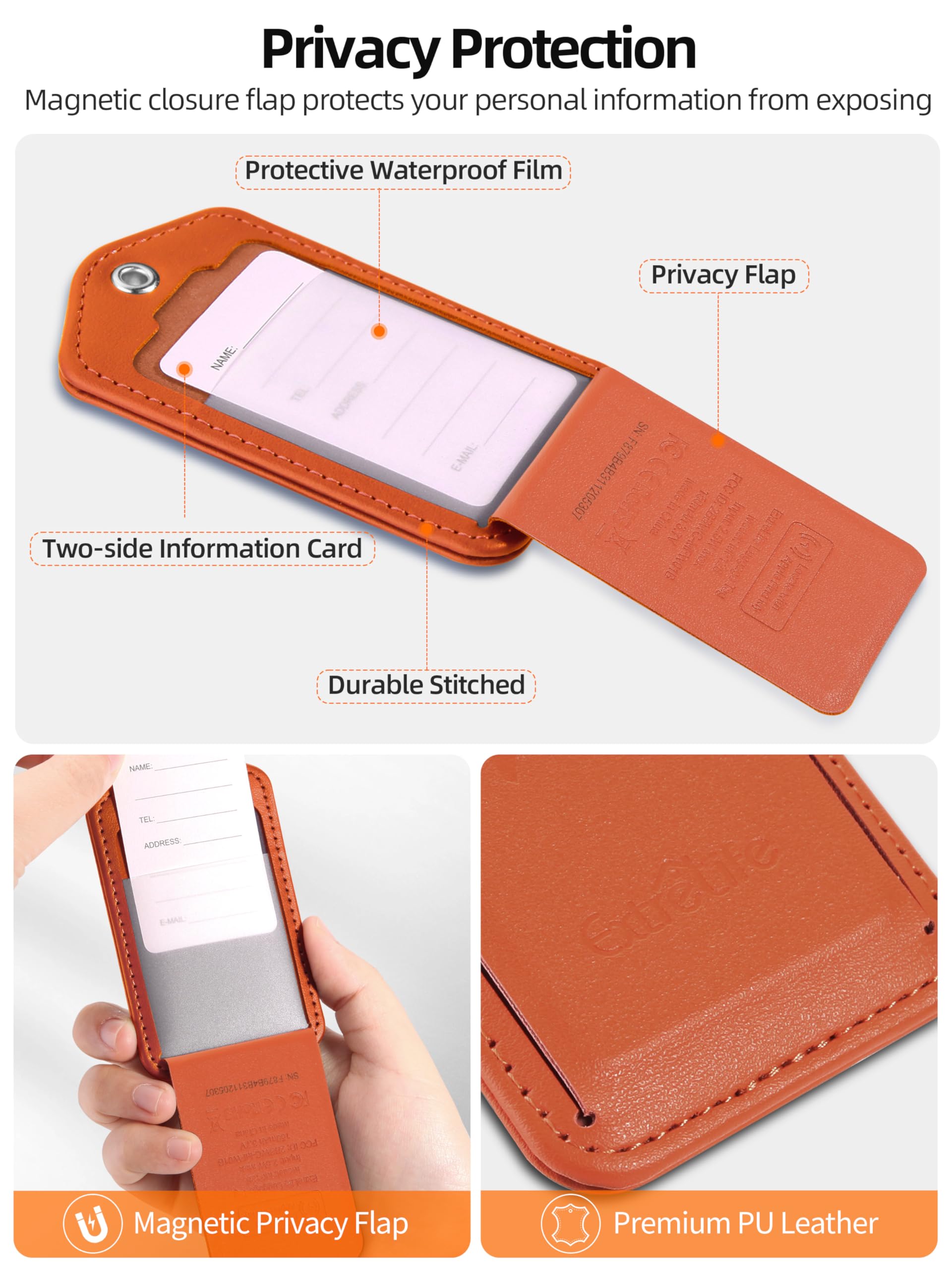 Smart Luggage Tag with Apple Find My – Rechargeable Leather Suitcase Tag with Privacy Flap (Orange)