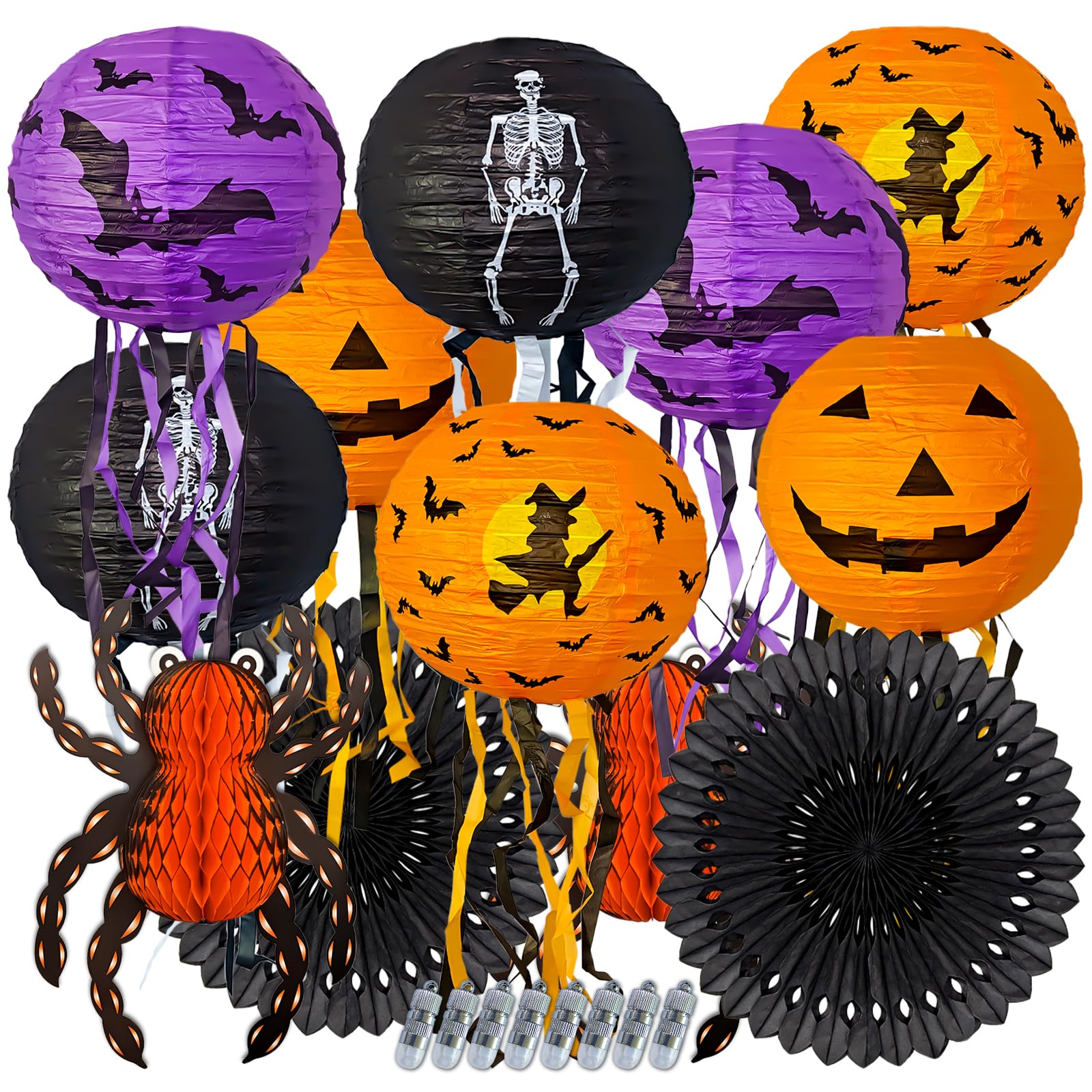 Halloween Classic Party Decoration Set – 10-Piece Paper Lantern & Hanging Décor Kit with LED Bulbs (Pumpkin, Skeleton, Bat, Witch & Spider Designs)