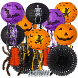 Halloween Classic Party Decoration Set – 10-Piece Paper Lantern & Hanging Décor Kit with LED Bulbs (Pumpkin, Skeleton, Bat, Witch & Spider Designs)