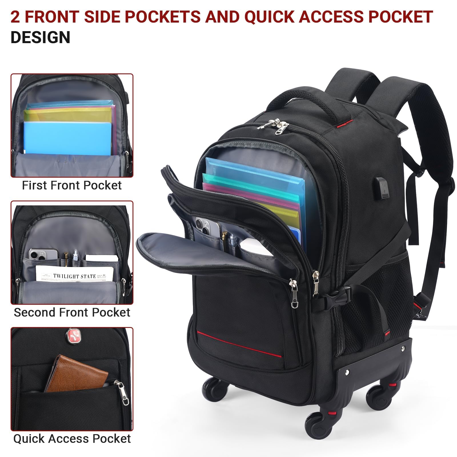 Star Cloud 4-Wheel Rolling Backpack 45L, 17.3” Laptop Carry-On Travel Backpack with Replaceable Wheels (Black)