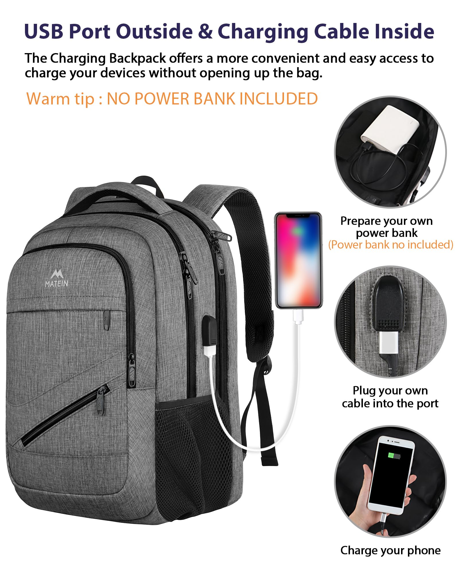 Matein 17″ TSA-Approved Travel Laptop Backpack – Large Carry-On with USB Charging & Trolley Sleeve (Grey)