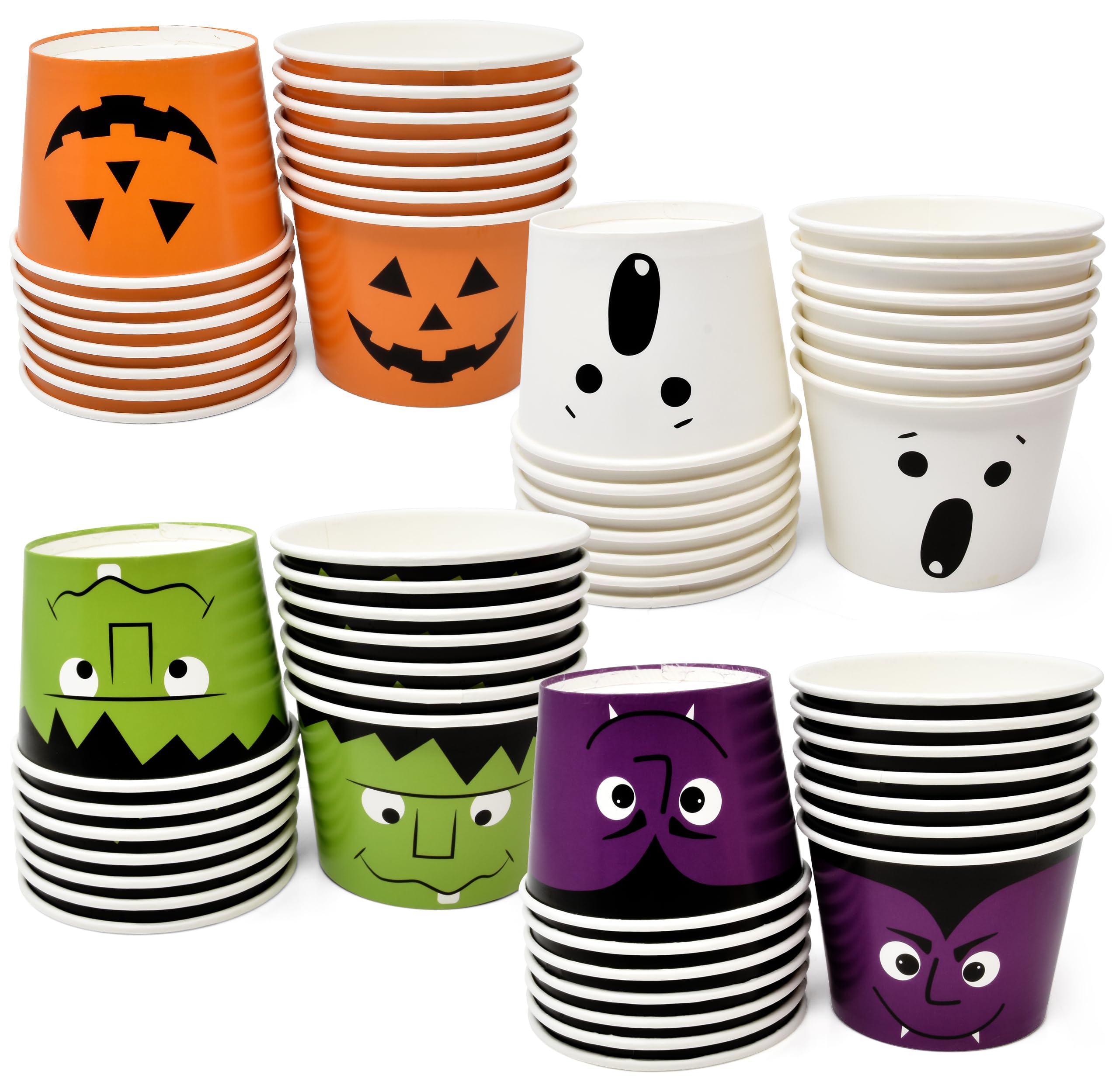 Halloween Snack Cups – 60 Pack Dessert Treat Cups with Pumpkin, Ghost, Frankenstein & Vampire Designs (10oz, Multicolor)