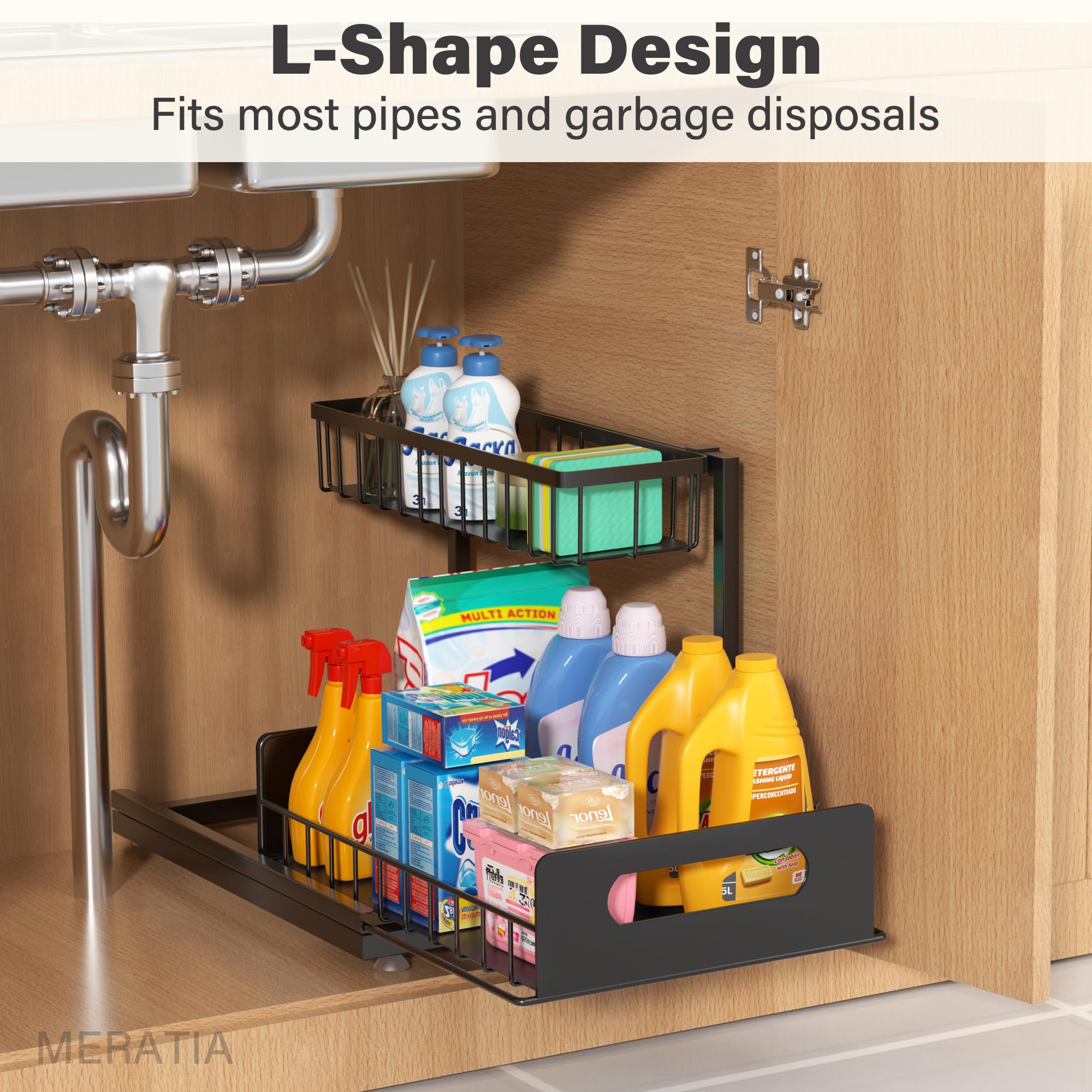 Meratia 2-Pack Under-Sink Pull-Out Cabinet Organizer – L-Shaped Metal Storage Rack with Sliding Drawers