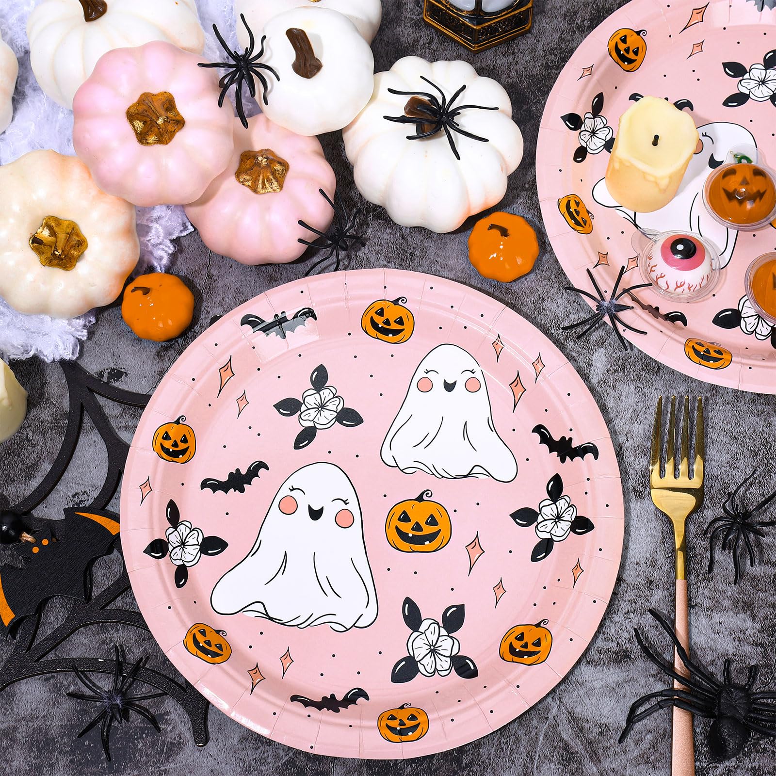 Pink Halloween Paper Plates – 40 Pcs 9" Disposable Plates with Ghost, Bat & Pumpkin Designs for Parties & Everyday Use