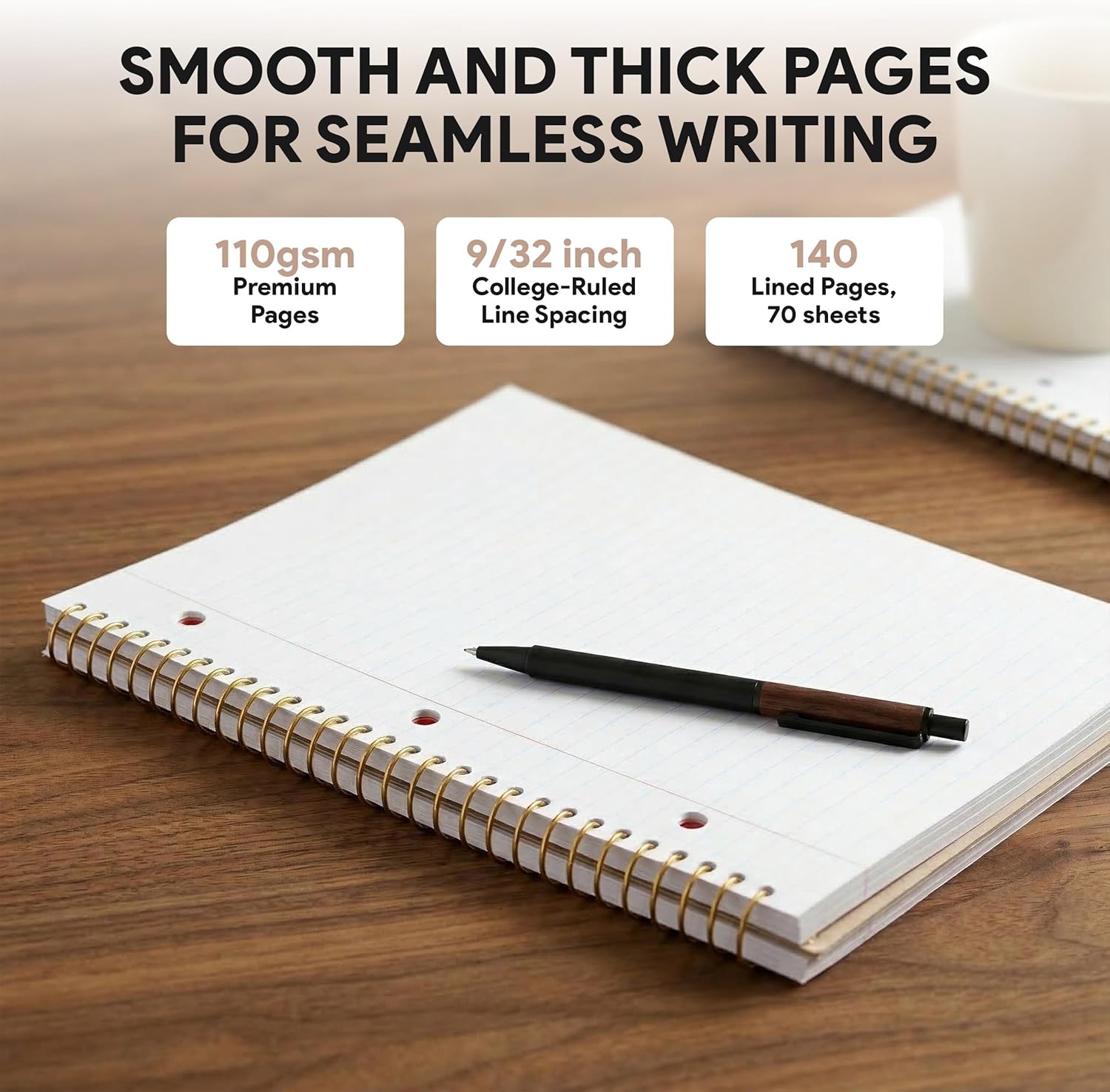 Elegant 5-Pack College Ruled Spiral Notebooks with Gold Accents and Binder-Ready Pages