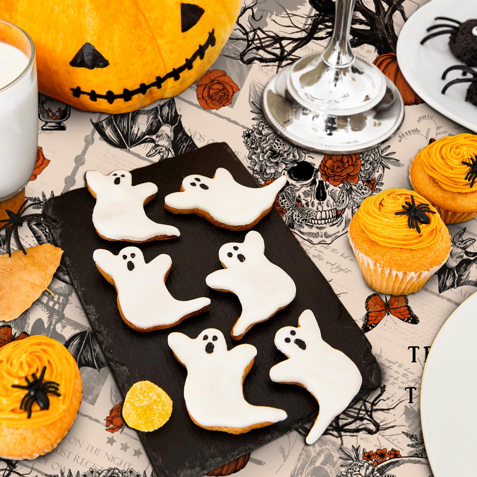 Halloween Gothic Tablecloth – Vintage Skull, Bat, Pumpkin & Rose Polyester Cover (60" x 104")