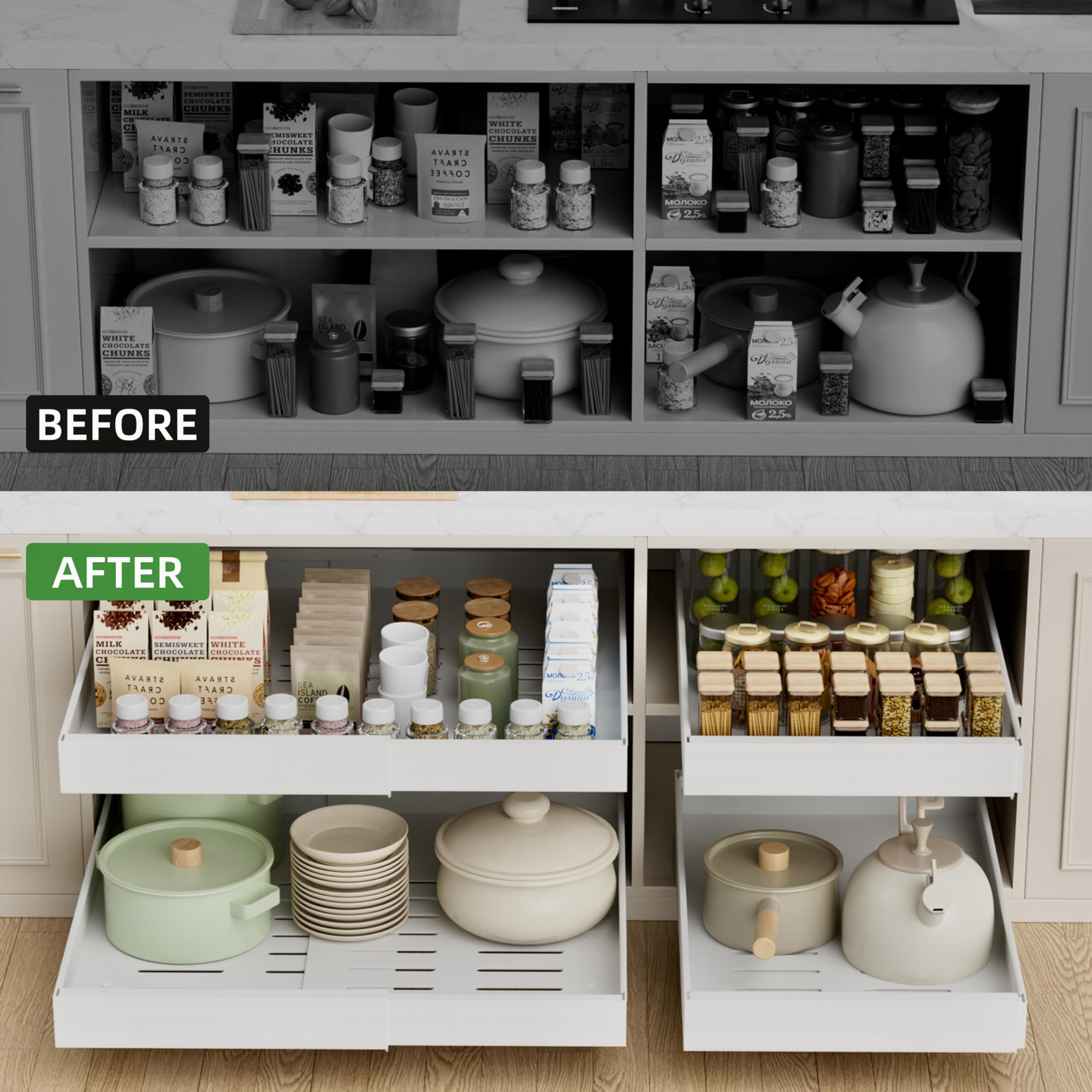 Paketa Expandable Pull-Out Cabinet Organizer – 4 Pack Adjustable Slide-Out Drawers (White)