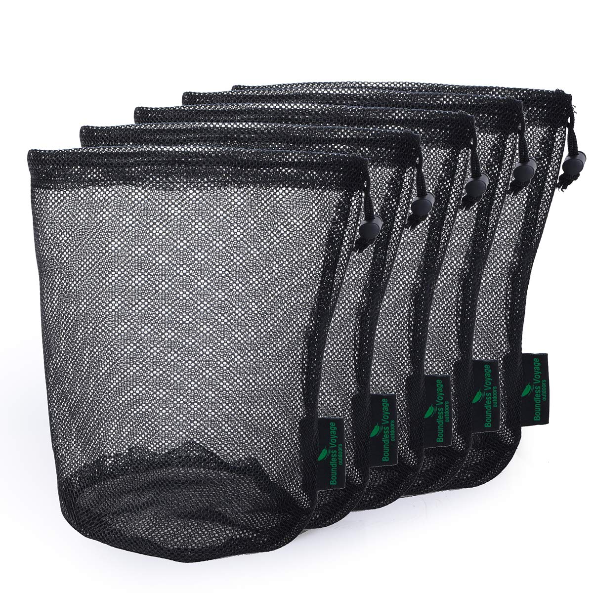 Usharedo 5-Pack Nylon Mesh Drawstring Bags – Lightweight Sports & Outdoor Storage Pouches (Black, L)
