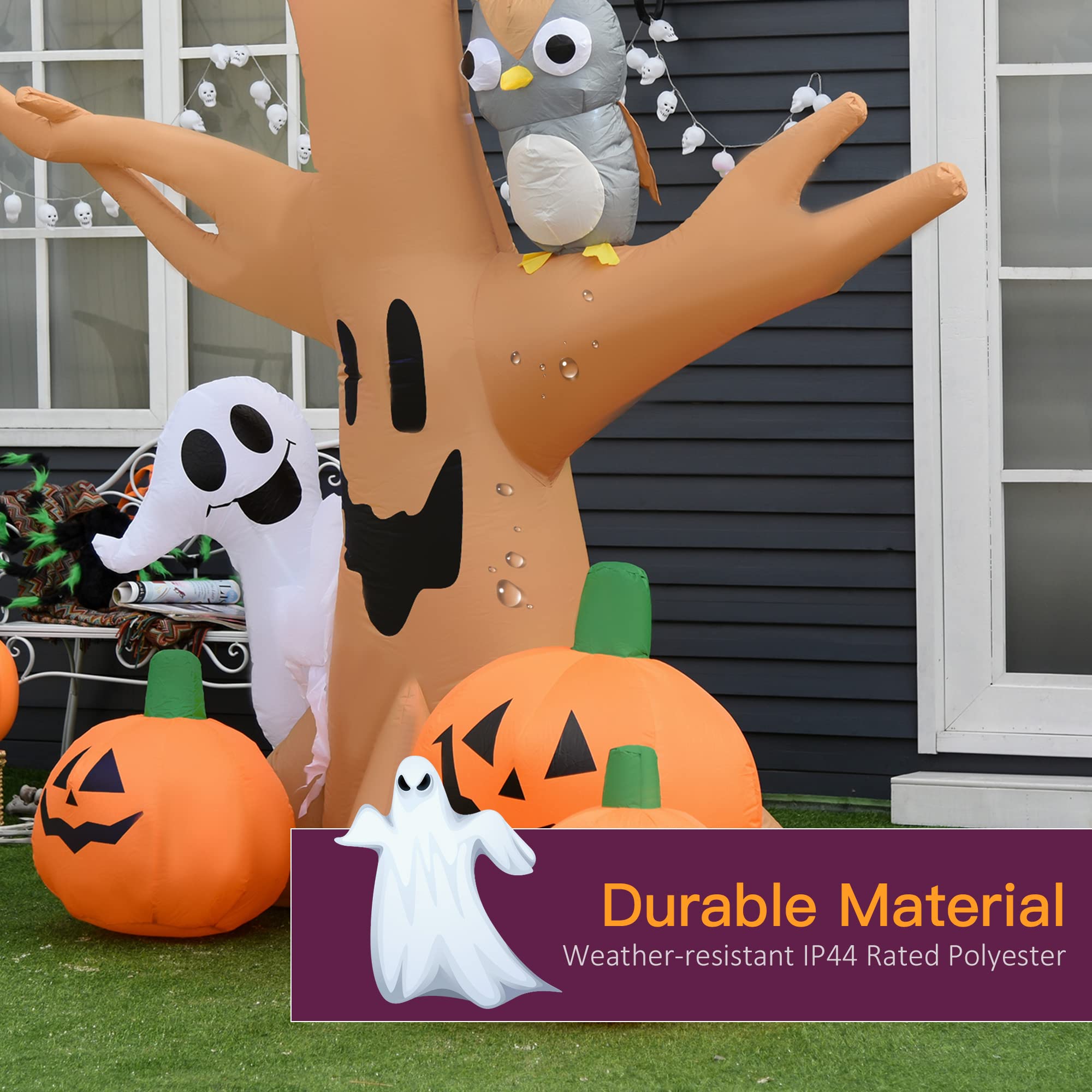 7.5FT Inflatable Halloween Tree with Ghost, Owl & Pumpkins – Lighted Outdoor Yard Decoration with LED Lights, Stakes & Sandbags