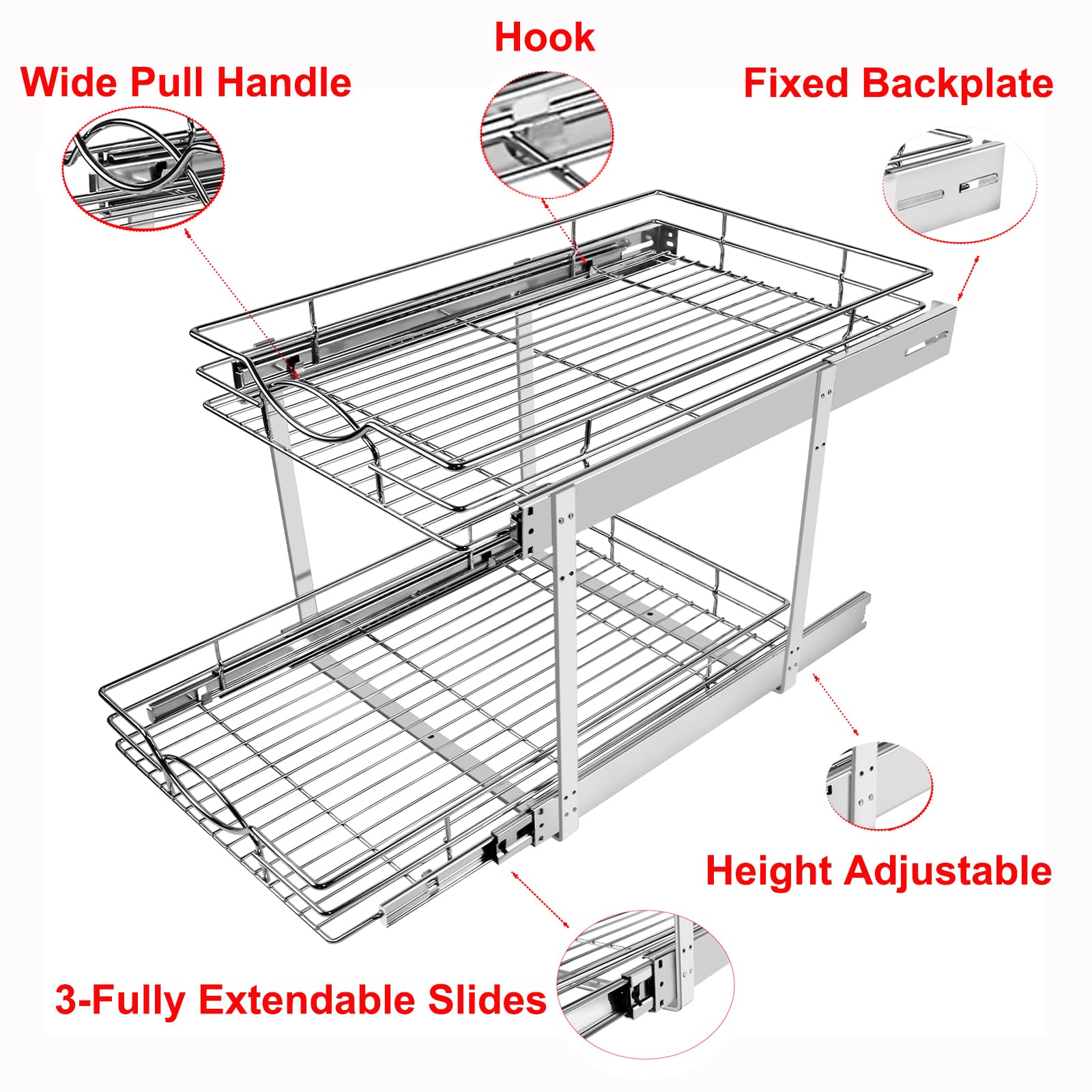 Chrome 2-Tier Pull-Out Cabinet Organizer – Individual Slide-Out Drawers for Wide Base Cabinets